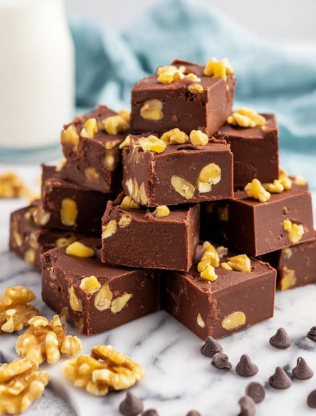 The image shows a pile of chocolate fudge squares stacked unevenly on a white marbled surface. Each square is thick with a smooth, rich dark brown texture, filled and topped with pieces of light yellowish-brown walnuts. Scattered around the bottom are extra walnut pieces and small dark chocolate chips, adding texture and color contrast to the scene. The background is softly blurred, with a white and light blue cloth in the back and a glass of milk partially visible. The overall look is inviting and homemade, focusing on the chunky, nut-filled fudge. photo taken with an iphone --ar 2:3 --v 7 - Chocolate Walnut Fudge, easy fudge recipes, quick chocolate treats, homemade fudge with walnuts, rich chocolate dessert