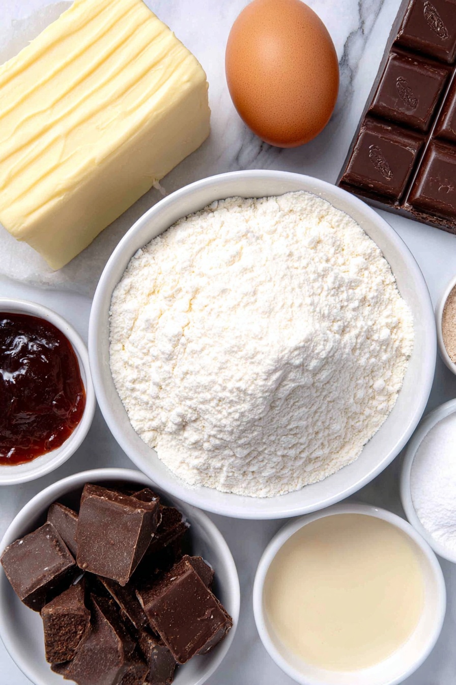 Flat lay of a small slab of unsalted butter, a wedge of full fat cream cheese, a neat pile of granulated sugar, one large brown egg with a clean shell, a small white bowl of vanilla extract, a mound of all-purpose flour, a small white bowl filled with dark cocoa powder, a small white bowl of cornstarch, a pinch of fine salt as tiny crystals, a small white bowl of baking powder, a heap of powdered sugar, a small white bowl of heavy whipping cream, a small white bowl of coarse sanding sugar, halved bright orange conversation heart candies, round flat black sprinkles, round flat pink sprinkles, all arranged symmetrically on a simple white ceramic plate and small white ceramic bowls, placed on a clean white marble surface, soft natural light, photo taken with an iPhone, professional food photography style, fresh ingredients, white ceramic bowls, no bottles, no duplicates, no utensils, no packaging --ar 2:3 --v 7 --p m7354615311229779997 - Penguin Cookie with Buttercream Frosting, penguin cookie recipe, chocolate cookies, holiday cookie ideas, cute winter desserts