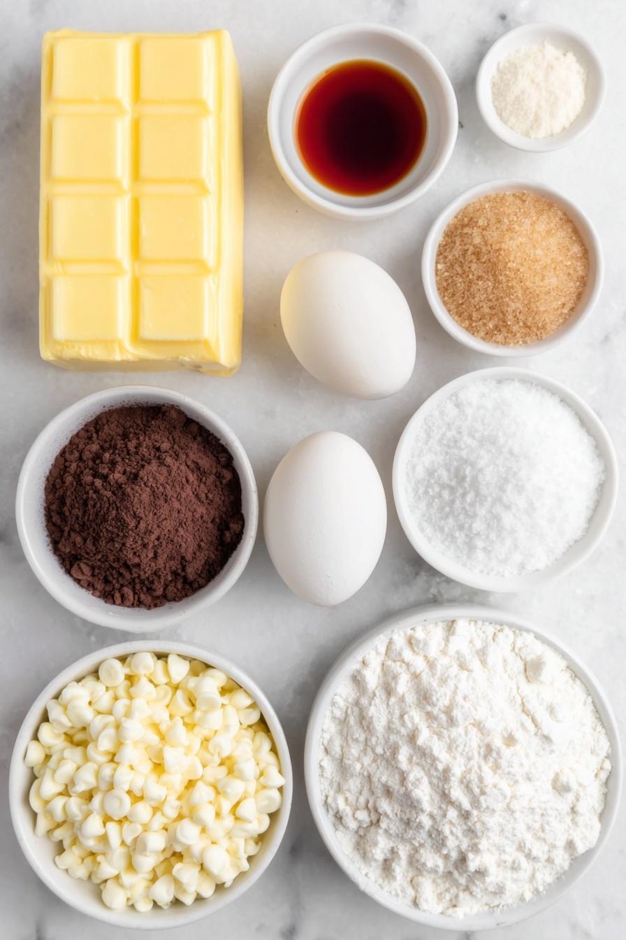 Flat lay of a small slab of barely softened butter, a neat mound of brown sugar, a smaller mound of white granulated sugar, two large whole eggs with clean shells, a small white bowl of clear vanilla extract, a small white bowl containing bright red food coloring gel, a small pile of unsweetened cocoa powder, a small heap of all-purpose flour, a small heap of baking soda powder, a smaller heap of cornstarch, a small pinch of salt, a generous handful of white chocolate chips, a smooth block of barely softened cream cheese, a small mound of powdered sugar, and a small white bowl of pale vanilla bean paste, all arranged with perfect symmetry on a clean white ceramic surface, placed on a clean white marble surface, soft natural light, photo taken with an iPhone, professional food photography style, fresh ingredients, white ceramic bowls, no bottles, no duplicates, no utensils, no packaging --ar 2:3 --v 7 --p m7354615311229779997 - Cheesecake Filled Red Velvet Cookies, red velvet cookies with cheesecake filling, cheesecake stuffed cookies recipe, red velvet cookie dessert, creamy cheesecake cookies