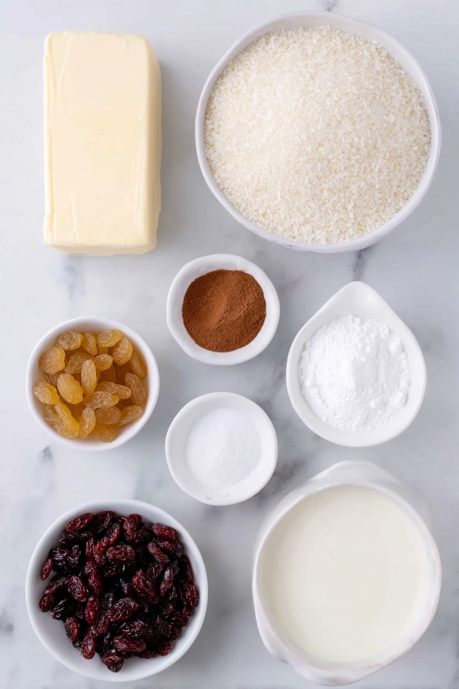 Flat lay of unsalted butter pat, a small white ceramic bowl of whole milk, a small white ceramic bowl of white sugar, a small white ceramic bowl of vanilla extract, a small white ceramic bowl of uncooked medium grain white rice, a small white ceramic bowl of golden sultanas, a small white ceramic bowl of ground cinnamon, a small white ceramic bowl of thickened cream, placed on a clean white marble surface, soft natural light, photo taken with an iPhone, professional food photography style, fresh ingredients, white ceramic bowls, no bottles, no duplicates, no utensils, no packaging --ar 2:3 --v 7 --p m7354615311229779997 - Creamy Cinnamon Rice Pudding, cinnamon rice pudding, easy rice pudding, comforting dessert, cozy cinnamon rice pudding