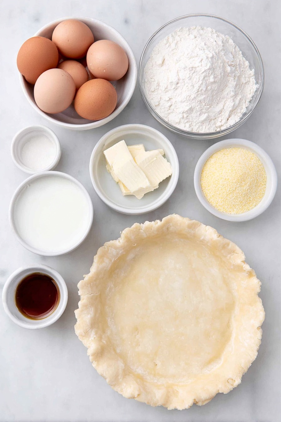 Flat lay of a round pie dough sheet, four whole brown eggs with clean shells, a small white ceramic bowl of granulated sugar, a small white bowl with melted unsalted butter, a small white bowl of whole milk, a small white bowl of yellow cornmeal, a small white bowl of all-purpose flour, a small white bowl with clear white vinegar, and a small white bowl of amber vanilla extract, all arranged with perfect symmetry, placed on a clean white marble surface, soft natural light, photo taken with an iPhone, professional food photography style, fresh ingredients, white ceramic bowls, no bottles, no duplicates, no utensils, no packaging --ar 2:3 --v 7 --p m7354615311229779997 - Classic Chess Pie, Southern Chess Pie, Easy Chess Pie, Traditional Chess Pie, Homemade Chess Pie