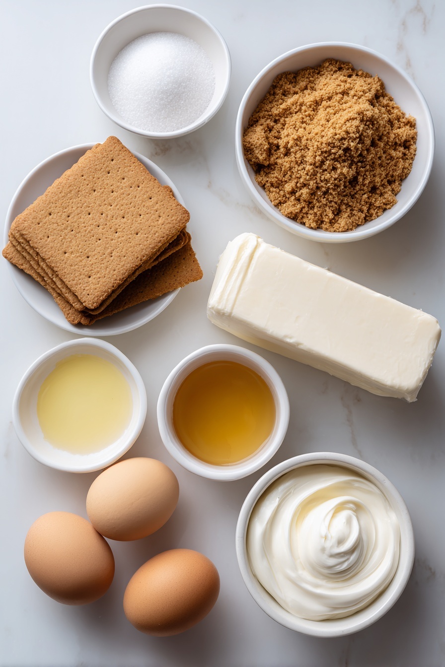 Flat lay of a small pile of whole graham cracker sheets, a small white ceramic bowl filled with light brown graham cracker crumbs, a small white ceramic bowl with granulated white sugar, a small white ceramic bowl holding melted golden butter, a large block of creamy white full-fat brick cream cheese, a small white ceramic bowl containing smooth pale sour cream, a small white ceramic bowl with clear freshly squeezed lemon juice, two large whole uncracked brown eggs, and a small white ceramic bowl with clear vanilla extract placed on a clean white marble surface, soft natural light, photo taken with an iPhone, professional food photography style, fresh ingredients, white ceramic bowls, no bottles, no duplicates, no utensils, no packaging --ar 2:3 --v 7 --p m7354615311229779997 - Mini Cheesecake Bites, Cheesecake Bites Recipe, Easy Cheesecake Bites, No-Bake Cheesecake Bites, Bite-Sized Cheesecake Dessert