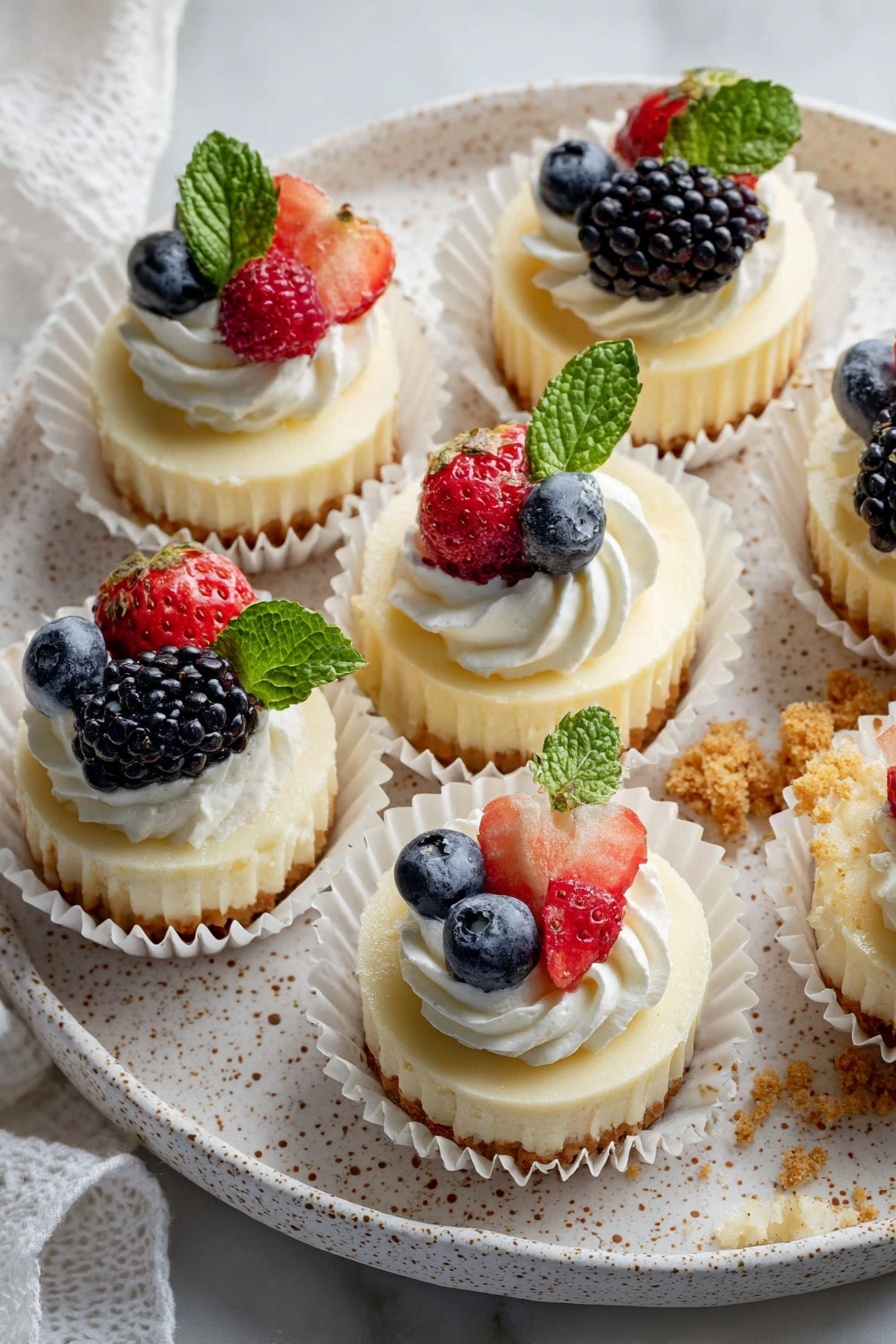 The image shows several small cheesecakes in white paper cups arranged on a white speckled ceramic plate with a patterned edge, all placed on a white marbled surface. Each cheesecake has two layers: a smooth pale yellow crust at the bottom and a creamy white topping swirled with whipped cream. The cheesecakes are decorated with fresh fruits such as whole strawberries, blueberries, blackberries, and a raspberry, each topped with a small sprig of bright green mint. One cheesecake is unwrapped, exposing the layers and crumbs around it. The lighting is soft, highlighting the textures and natural colors of the fruits and cream. photo taken with an iphone --ar 2:3 --v 7 - Mini Cheesecake Bites, Cheesecake Bites Recipe, Easy Cheesecake Bites, No-Bake Cheesecake Bites, Bite-Sized Cheesecake Dessert