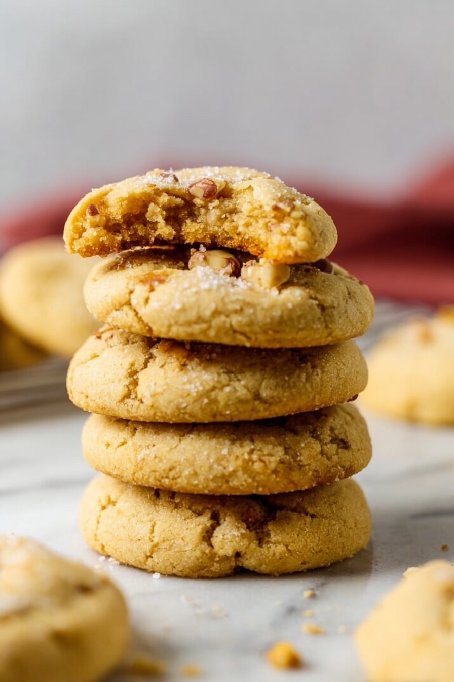 A stack of four round cookies with a golden brown color and a slightly cracked surface sits on a white marbled surface. The top cookie has a bite taken from it, showing a soft, crumbly inside with small nut pieces visible throughout. The cookies have a textured look with small bits and a slightly uneven shape. In the background, more cookies can be seen out of focus, adding depth to the scene. Photo taken with an iphone --ar 2:3 --v 7 - Brown Butter Toffee Cookies, Toffee Cookies Recipe, Chewy Toffee Cookies, Easy Brown Butter Cookies, Nutty Toffee Cookie Recipe
