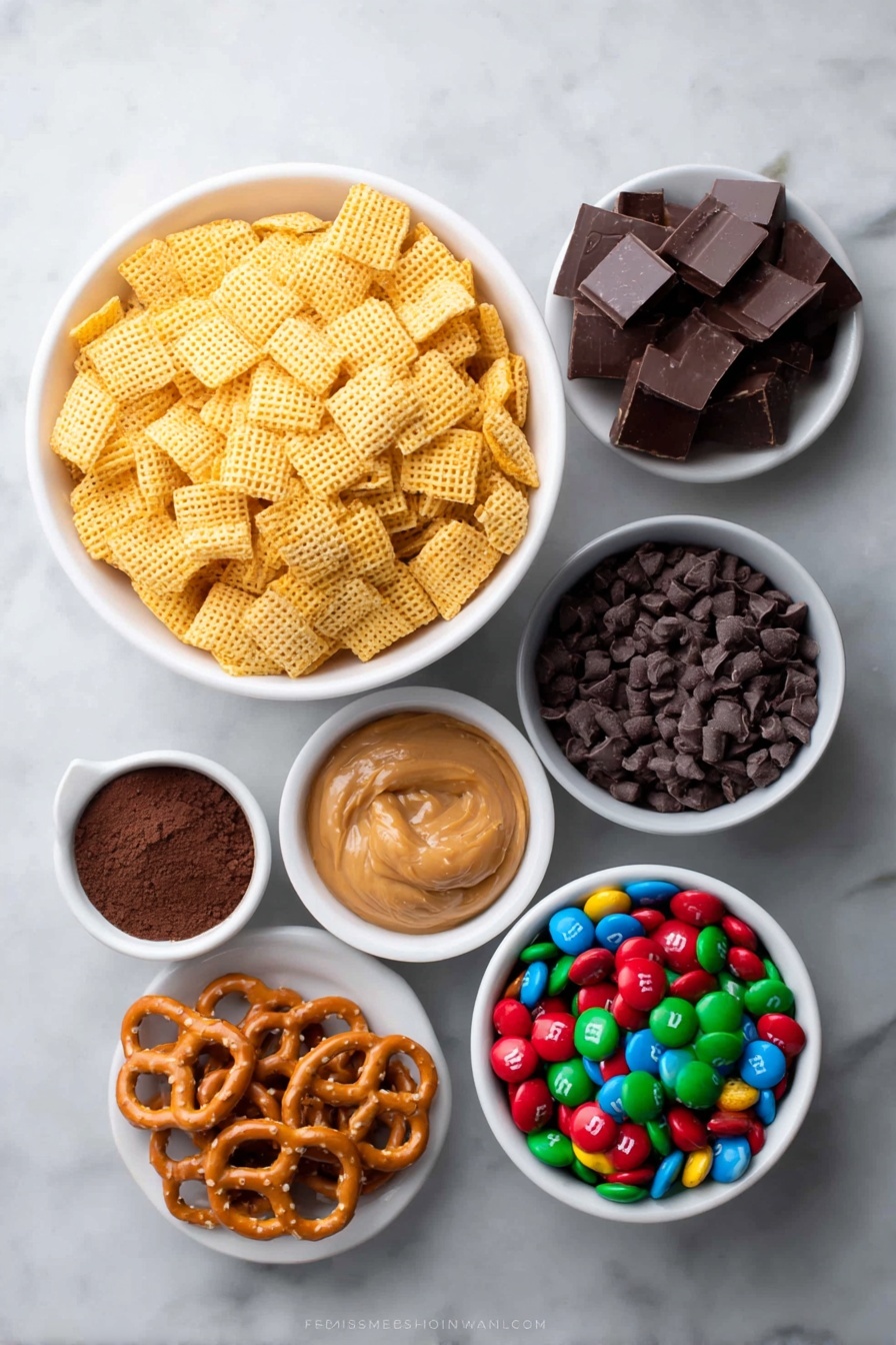 Flat lay of a large white ceramic bowl filled with golden Rice Chex cereal squares, a small white bowl of glossy semisweet chocolate chips, a small white bowl of smooth creamy peanut butter, a small white bowl with fine dry chocolate brownie mix powder, a handful of colorful Christmas M&M's scattered beside a small white bowl filled with mini peanut butter cups, and a small white bowl piled with salted pretzel twists, all arranged symmetrically and balanced, placed on a clean white marble surface, soft natural light, photo taken with an iPhone, professional food photography style, fresh ingredients, white ceramic bowls, no bottles, no duplicates, no utensils, no packaging --ar 2:3 --v 7 --p m7354615311229779997 - Chocolate Peanut Butter Reindeer Chow, holiday snack mix, festive chocolate snack, quick holiday treat, crunchy holiday cookies