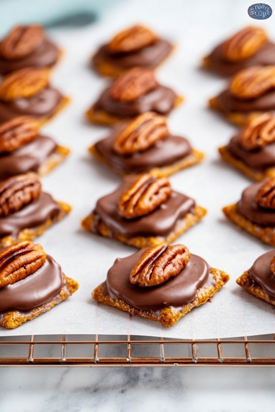 Many small square crackers are arranged in rows on white parchment paper over a wire rack placed on a white marbled surface. Each cracker has a shiny, smooth milk chocolate layer on top that looks thick and soft. On top of each chocolate layer sits a whole pecan half, with its textured ridges and rich brown color, centered perfectly on every cracker. The image shows depth with the crackers fading softly into the background. photo taken with an iphone --ar 2:3 --v 7 - Easy Pretzel Rolo Turtles, salty sweet snack, quick dessert ideas, pretzel caramel candies, easy party treats