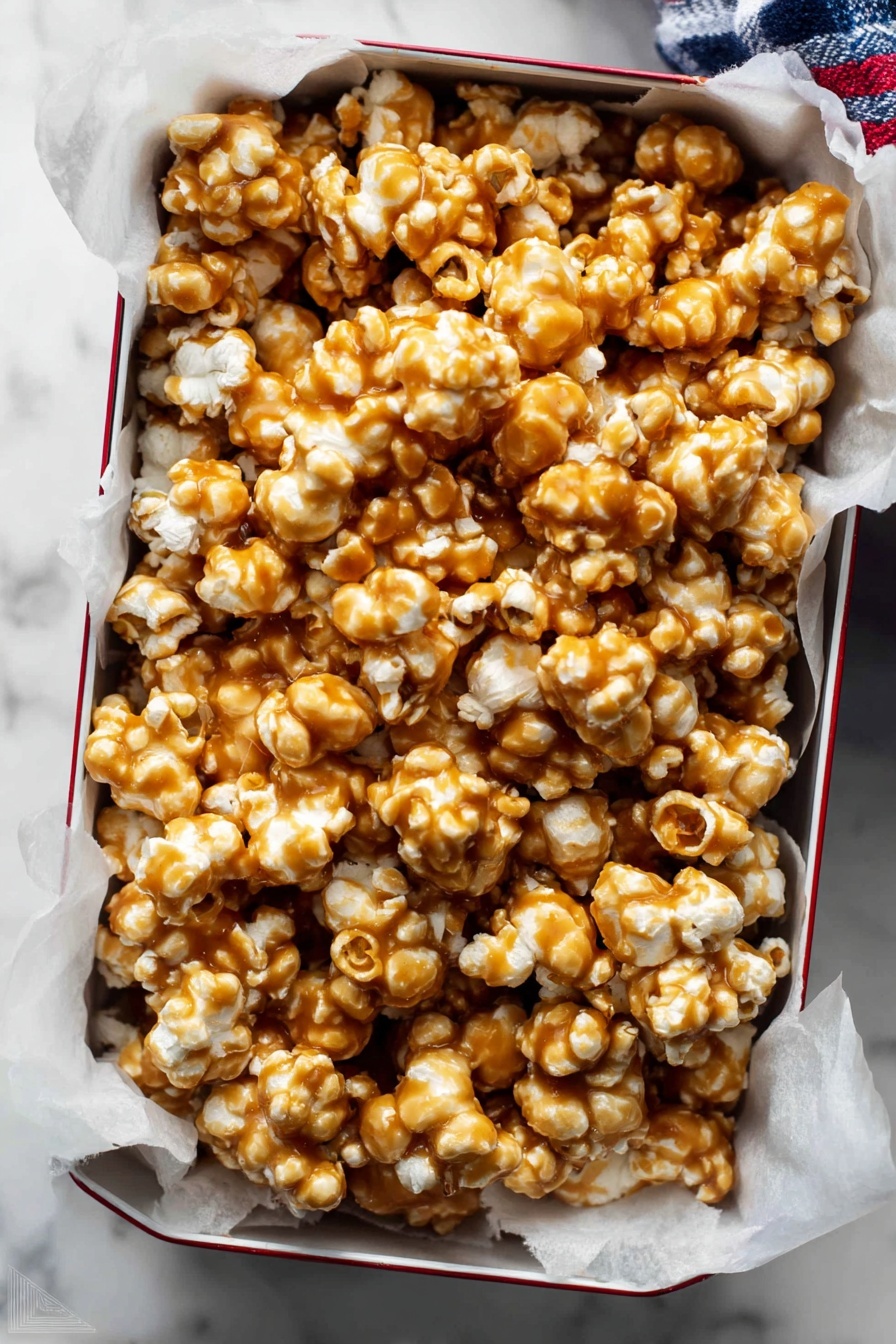 A full baking tray lined with a red silicone mat holds a single thick layer of caramel popcorn. The popcorn has a shiny, golden brown coat of caramel that varies slightly across each piece, showing some lighter and darker caramel colors with a crunchy texture. The tray rests on a smooth white marbled surface with part of a blue and white patterned cloth visible at the bottom left corner. The popcorn pieces are uneven in size but evenly spread out across the tray in a natural, casual way. photo taken with an iphone --ar 2:3 --v 7 - Homemade Caramel Popcorn, caramel popcorn recipe, crunchy caramel popcorn, easy homemade popcorn, sweet buttery snack