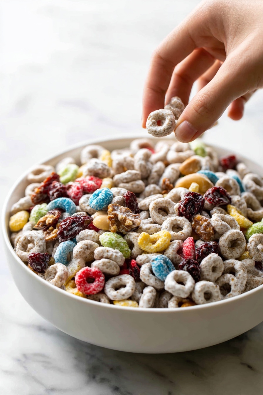 A close-up view of a woman's hand holding a cluster of popcorn mixed with colorful candy-coated pieces, showing a textured combination of white popcorn and bright red, blue, green, yellow, and orange candies scattered throughout. The background is filled with more of the same popcorn and candy mix, creating a soft, blurry colorful pattern with white popped kernels and shiny candy pieces. The scene rests on a white marbled surface. photo taken with an iphone --ar 2:3 --v 7 - White Chocolate Snack Mix, festive snack mix, sweet salty snack recipes, easy holiday party treats, crunchy cereal snack mix