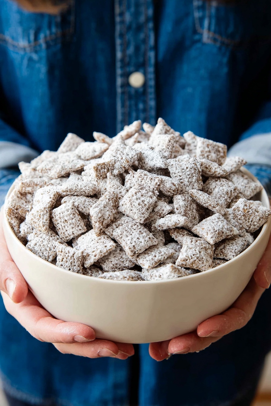 A large white bowl filled with many small square cereal pieces covered in a light dusting of powdered sugar, making the cereal look white and slightly rough in texture; the cereal is piled high, showing some darker brown bits under the powdered sugar. The bowl is held by two woman's hands visible at the bottom edges, and the person holding it is wearing a blue denim shirt. The background is neutral and blurred, focusing on the bowl and cereal. photo taken with an iphone --ar 2:3 --v 7 - Easy Chocolate Peanut Butter Puppy Chow, peanut butter puppy chow, no-bake muddy buddies, quick chocolate puppy chow, beginner-friendly snack recipes