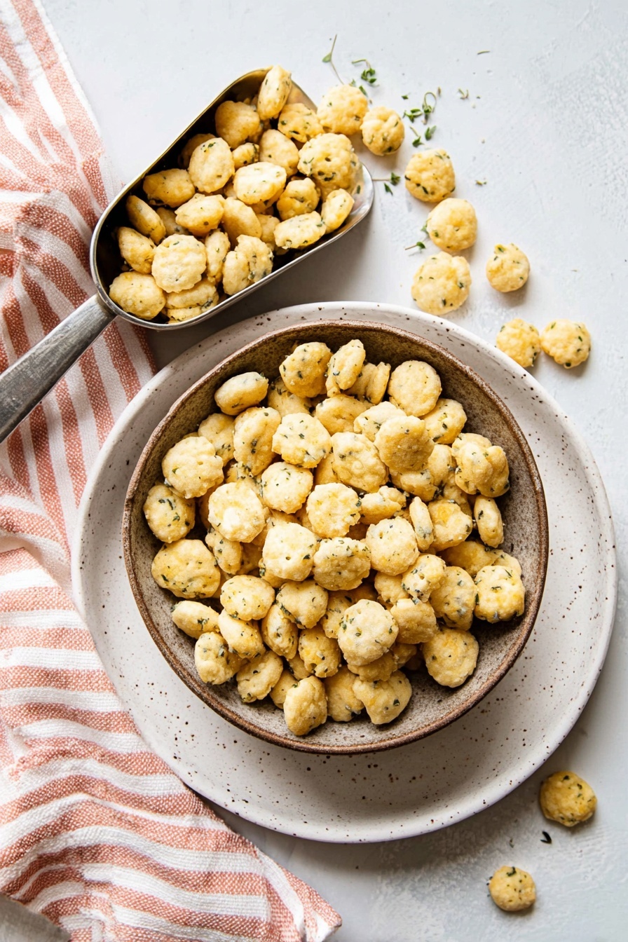 A rustic brown bowl is filled with small, light golden, bite-sized crackers speckled with green herbs, sitting on a white plate with a subtle speckled pattern. Some crackers spill over the bowl's edge onto the plate and white marbled tabletop below. To the left, a metal scoop full of the same crackers rests on a soft cloth with wide pink and white stripes. The scene has a bright, clean, natural light look. Photo taken with an iphone --ar 2:3 --v 7 - Best Ranch Oyster Crackers, Ranch Oyster Crackers ingredients, how to make ranch oyster crackers, easy oyster cracker snacks, flavorful oyster crackers