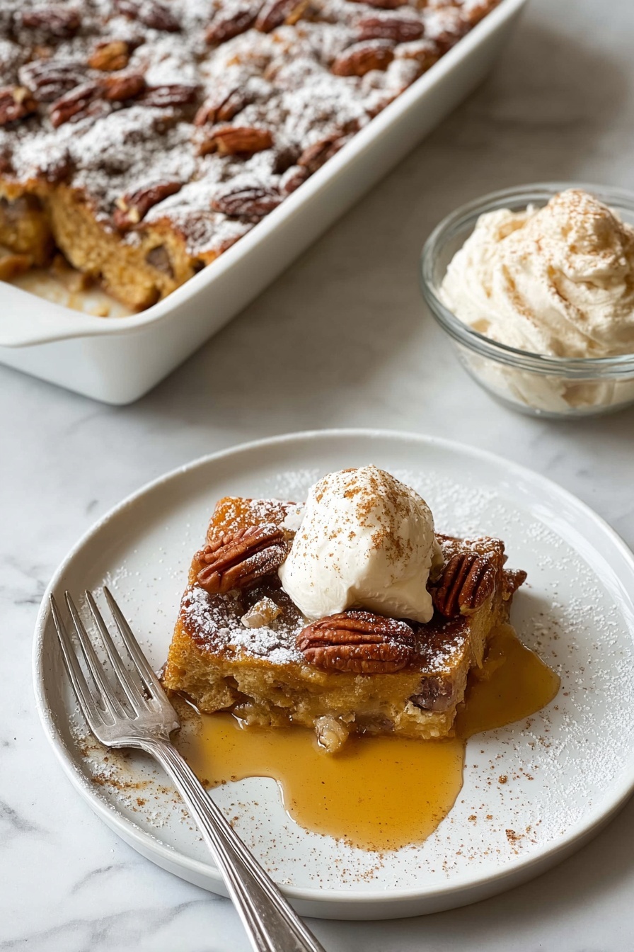 A white plate sits on a white marbled surface holding a square piece of bread pudding with visible chunks of brown pecans inside, topped with a light brown dollop of whipped cream sprinkled with cinnamon and two whole pecan halves, all resting in a pool of golden syrup that has spread slightly around the dessert. A silver fork lies next to the bread pudding on the plate. In the top right, part of a white rectangular baking dish filled with more bread pudding dusted with powdered sugar and topped with pecans is visible. A clear glass bowl filled with light brown whipped cream sprinkled with cinnamon sits to the right of the plate. photo taken with an iphone --ar 2:3 --v 7 - Overnight Maple Cinnamon French Toast Bake, Breakfast casserole with maple and cinnamon, Make-ahead French toast bake, Easy holiday breakfast bake, Cozy brunch ideas