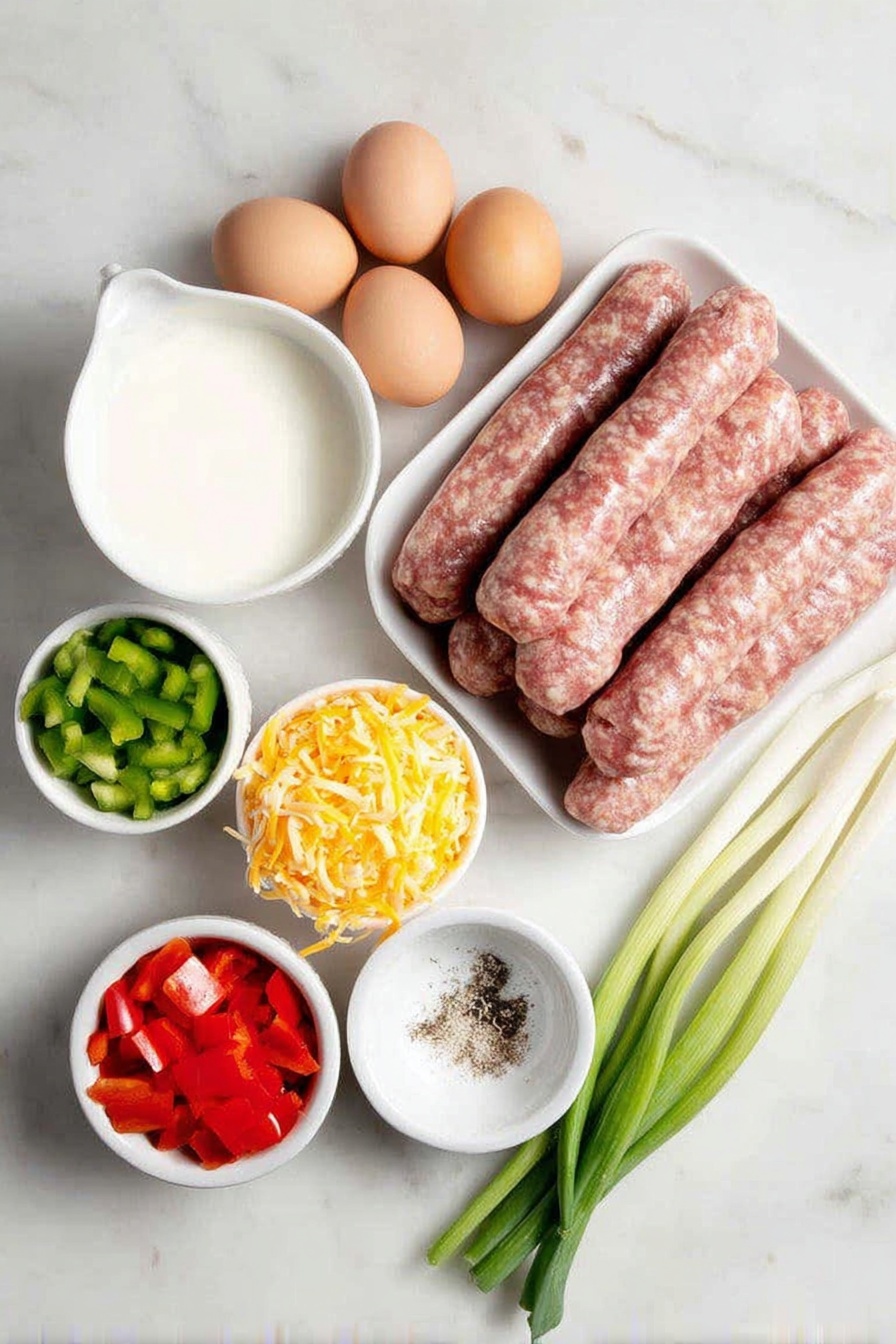 Flat lay of raw pork sausage links arranged loosely, a dozen whole uncracked brown eggs, a small white ceramic bowl of thick sour cream, a small white ceramic bowl filled with milk, a few sprigs of fresh green onions with vibrant white bulbs, half a green bell pepper diced into small cubes, half a red bell pepper diced into small cubes, a small white ceramic bowl filled with shredded bright orange cheddar cheese, a small white ceramic bowl containing kosher salt crystals, a small white ceramic bowl with coarse ground black pepper placed symmetrically around the ingredients, all placed on a clean white marble surface, soft natural light, photo taken with an iPhone, professional food photography style, fresh ingredients, white ceramic bowls, no bottles, no duplicates, no utensils, no packaging --ar 2:3 --v 7 --p m7354615311229779997 - Sausage Breakfast Bake, breakfast casserole with sausage, savory breakfast bake, easy breakfast casserole, meal prep breakfast bake