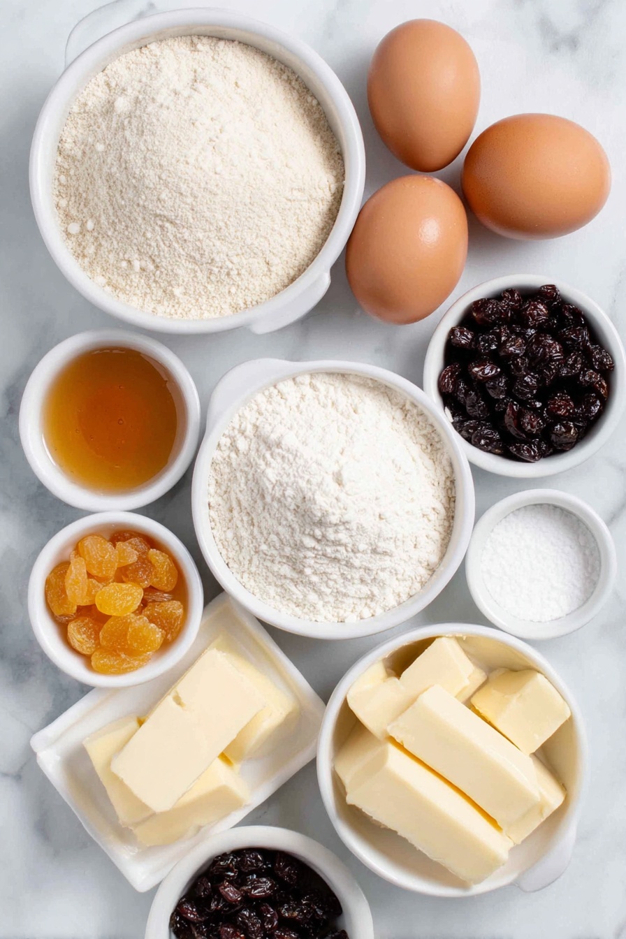 Flat lay of a small bowl of warm water, a small mound of instant yeast granules, two whole brown eggs with clean shells, two whole egg yolks in a white ceramic bowl, a small white bowl of golden honey, a small white bowl of vanilla extract, a small white bowl of fine salt, a small pile of smooth bread flour, a few slices of soft pale yellow butter, a small heap of plump dark raisins, a small pile of bright orange candied orange peel, a small cluster of dark red dried cranberries, a small bunch of tiny dried currants, and a few strands of fresh lemon zest, all arranged symmetrically in simple white ceramic bowls and dishes -- placed on a clean white marble surface, soft natural light, photo taken with an iPhone, professional food photography style, fresh ingredients, white ceramic bowls, no bottles, no duplicates, no utensils, no packaging --ar 2:3 --v 7 --p m7354615311229779997 - Easy Italian Panettone, Italian Panettone, Christmas bread, homemade Panettone, festive Italian Christmas bread