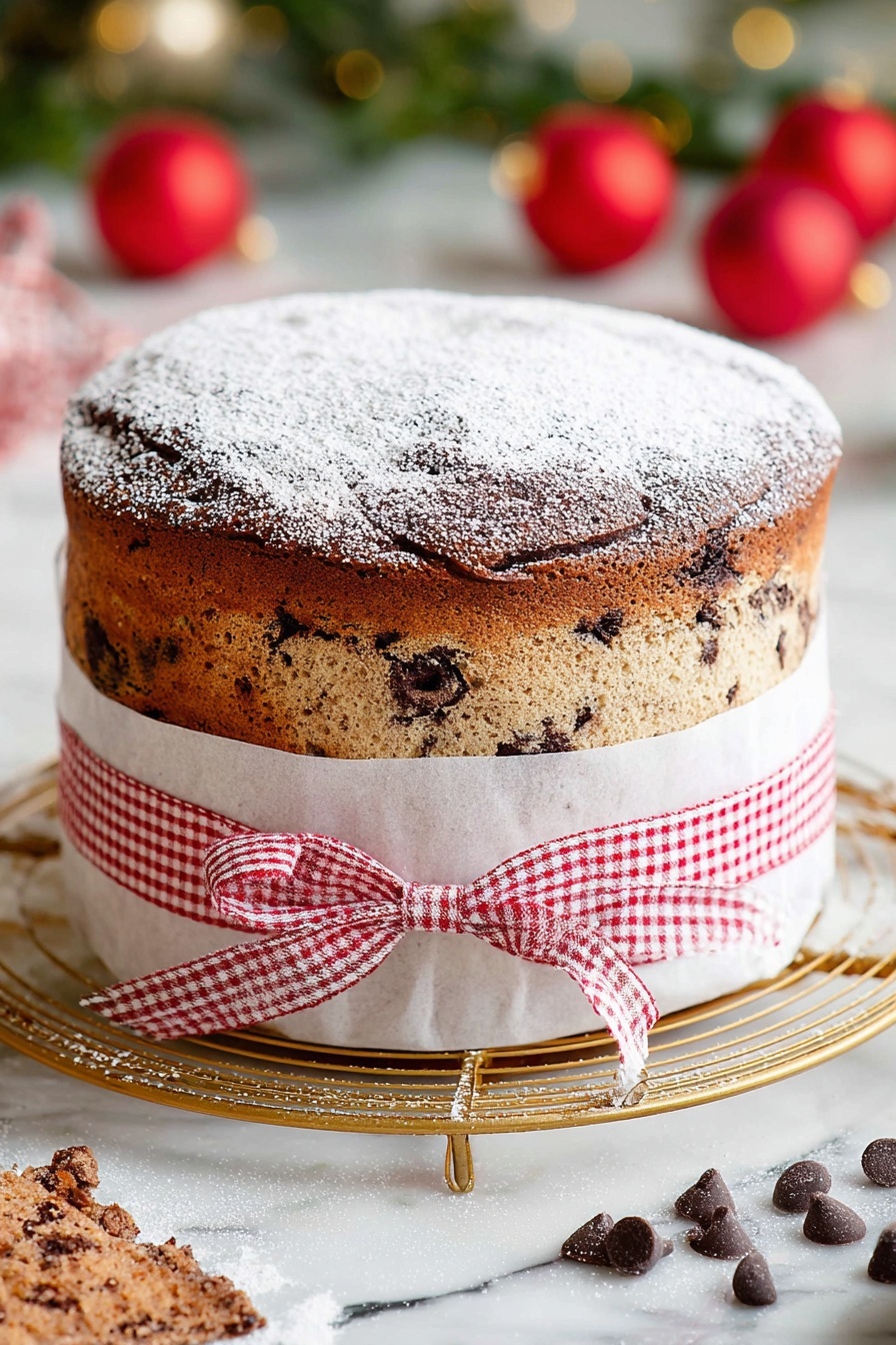 A tall, round cake with two main layers is shown. The bottom layer is darker brown with a firm texture, wrapped in white paper that is tied with a red and white checkered ribbon around the middle. The top layer is lighter brown with dark spots and a cracked surface. The top is dusted with white powdered sugar, making it look soft and fluffy. The cake sits on a round gold wire rack on a white marbled surface. There are scattered dark chocolate chips and a dusting of powdered sugar nearby, with blurred festive red balls in the background. Photo taken with an iphone --ar 2:3 --v 7 - Easy Italian Panettone, Italian Panettone, Christmas bread, homemade Panettone, festive Italian Christmas bread