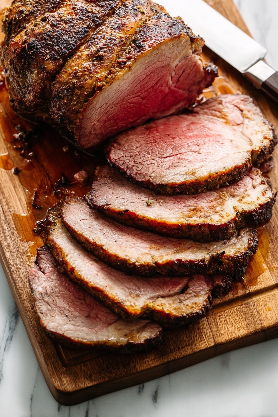 The image shows a piece of cooked beef roast placed on a wooden board with a knife resting next to it. The roast has been sliced into six pieces, each slice showing a layer of pinkish-red cooked meat in the center, surrounded by a light brown, slightly fatty outer edge with a textured, seared dark crust. The slices are arranged overlapping each other, starting from the right side of the roast, with the uncut portion visible on the lower left. The wooden board holds some meat juices near the sliced pieces. The surface beneath the board has a white marbled texture. photo taken with an iphone --ar 2:3 --v 7 - Garlic Herb Prime Rib Roast, prime rib dinner, holiday prime rib, tender beef roast, herb-crusted prime rib