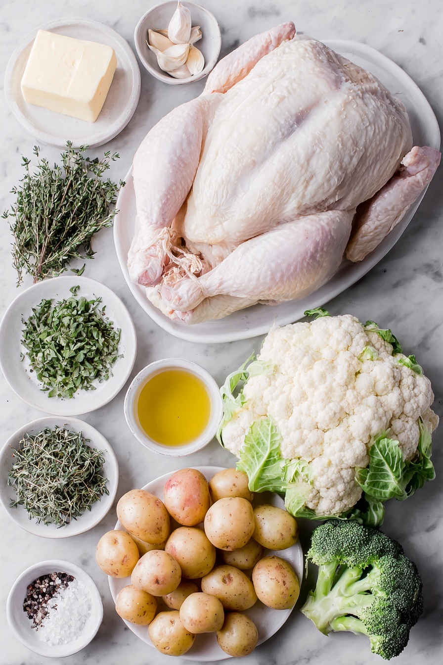 Flat lay of a whole fresh broiler-fryer chicken with clean skin, a small mound of softened unsalted butter, a small white bowl filled with golden maple syrup, three whole garlic cloves, a small pile of chopped fresh oregano leaves, a small pile of chopped fresh thyme leaves, a small white bowl of coarse salt, a small white bowl of freshly ground black pepper, one small lemon cut into four wedges, four fresh thyme sprigs, four fresh oregano sprigs, a cluster of bright red cherry tomatoes, a heap of quartered baby potatoes with natural skin, one large yellow onion cut into eight wedges, a small pile of fresh broccoli florets, a small pile of fresh cauliflower florets, a small white bowl of golden olive oil, all arranged with perfect symmetry on simple white ceramic plates and bowls, placed on a clean white marble surface, soft natural light, photo taken with an iPhone, professional food photography style, fresh ingredients, white ceramic bowls, no bottles, no duplicates, no utensils, no packaging --ar 2:3 --v 7 --p m7354615311229779997 - Maple Butter Roast Chicken, maple glaze chicken recipe, easy roasted chicken with maple syrup, tender roast chicken with butter, flavorful chicken dinner
