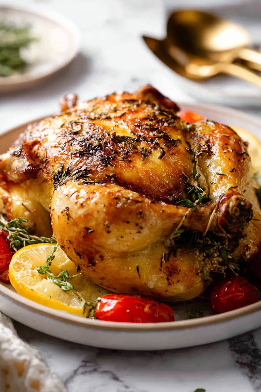 A whole golden roasted chicken sits in the center of a white plate, with crispy skin seasoned with herbs and black pepper. The chicken is laid on lemon slices, with bright red cherry tomatoes and green herb sprigs scattered around it. The plate rests on a white marbled surface, with blurred golden utensils in the background. The lighting highlights the juicy and crispy texture of the chicken’s skin. photo taken with an iphone --ar 2:3 --v 7 - Maple Butter Roast Chicken, maple glaze chicken recipe, easy roasted chicken with maple syrup, tender roast chicken with butter, flavorful chicken dinner