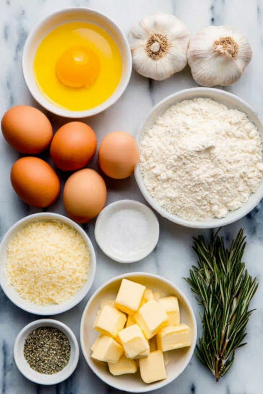 Flat lay of two whole heads of garlic, a small white bowl of golden olive oil, a small white bowl of fine white salt, a small white bowl filled with white all-purpose flour, a small white bowl with granulated sugar, a small white bowl of beige active dry yeast granules, a small white bowl of creamy whole milk, a small white bowl of pale unsalted butter cubes, a small white bowl of clear water, a small white bowl with dried green basil leaves, a small white bowl with dried oregano, a small white bowl with dried rosemary, a small white bowl of fine garlic powder, two whole uncracked large brown eggs, a small white bowl of finely grated pale parmesan cheese, all ingredients arranged symmetrically on a clean white marble surface, soft natural light, photo taken with an iPhone, professional food photography style, fresh ingredients, white ceramic bowls, no bottles, no duplicates, no utensils, no packaging --ar 2:3 --v 7 --p m7354615311229779997 - Garlic Parmesan Pull-Apart Bread, cheesy pull-apart bread, garlic bread recipe, Parmesan bread, appetizer bread