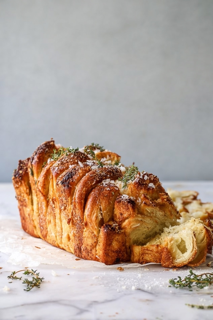 The image shows a loaf of pull-apart bread standing on white parchment paper over a white marbled surface. The loaf has several tall, thick layers of golden-brown bread with some darker spots from seasoning or herbs baked throughout. The top is sprinkled with coarse salt and small green herbs. A few pieces of bread are pulled away from the loaf on the right side, revealing soft, light-colored, fluffy inside layers. Some loose flour and herb sprigs are scattered around the bread. The background is a simple, light grey wall. Photo taken with an iphone --ar 2:3 --v 7 - Garlic Parmesan Pull-Apart Bread, cheesy pull-apart bread, garlic bread recipe, Parmesan bread, appetizer bread