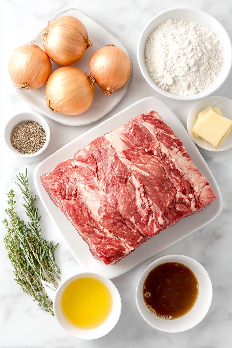 Flat lay of a large raw boneless prime rib roast with rich marbling, a small cluster of whole brown garlic cloves, one fresh shallot bulb slightly larger than a golf ball, a few sprigs of fresh rosemary, a small bunch of fresh thyme, a small pile of ground black pepper, a pinch of coarse kosher salt crystals, a small wedge of pale creamy unsalted butter, a small white ceramic bowl with pale yellow lemon juice, another small white bowl with golden beef drippings, a small white bowl filled with all-purpose flour, and a small white bowl holding dark rich beef stock, all arranged in perfect symmetry on a simple white ceramic plate and bowls, placed on a clean white marble surface, soft natural light, photo taken with an iPhone, professional food photography style, fresh ingredients, white ceramic bowls, no bottles, no duplicates, no utensils, no packaging --ar 2:3 --v 7 --p m7354615311229779997 - Garlic Herb Butter Prime Rib, prime rib roast recipe, garlic herb beef, juicy prime rib, flavorful roast dinner
