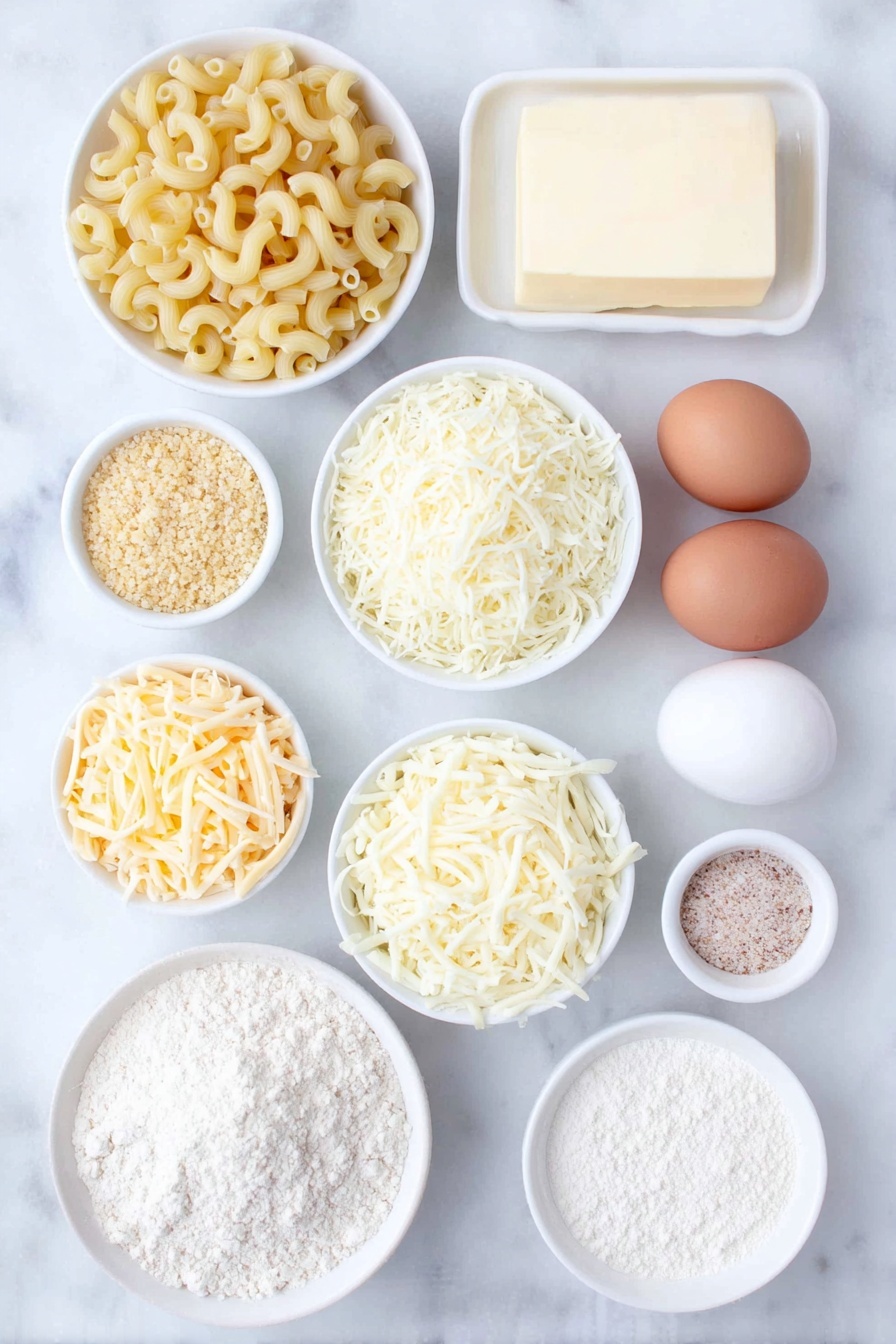 Flat lay of uncooked elbow macaroni pasta scattered neatly, a few whole unsalted butter sticks with smooth, creamy texture, a small white ceramic bowl filled with golden panko breadcrumbs, a small white bowl holding finely shredded pale yellow gruyere cheese, another small white bowl with mixed shredded cheddar and Colby cheeses showing soft orange and creamy white hues, a separate small white bowl with shredded white mozzarella cheese, a small white ceramic bowl containing plain all-purpose flour powder, a small white bowl filled with fresh whole milk, two brown eggs with smooth clean shells placed side by side, a small white bowl containing fine white salt crystals, another small white bowl with light beige garlic powder, a small white bowl with pale beige onion powder, and a small white bowl with subtle yellow mustard powder, all items placed with perfect symmetry and balanced proportions on simple white ceramic bowls, placed on a clean white marble surface, soft natural light, photo taken with an iPhone, professional food photography style, fresh ingredients, white ceramic bowls, no bottles, no duplicates, no utensils, no packaging --ar 2:3 --v 7 --p m7354615311229779997 - Creamy Baked Mac and Cheese, baked mac and cheese, cheesy baked pasta, homemade mac and cheese, comfort food recipes