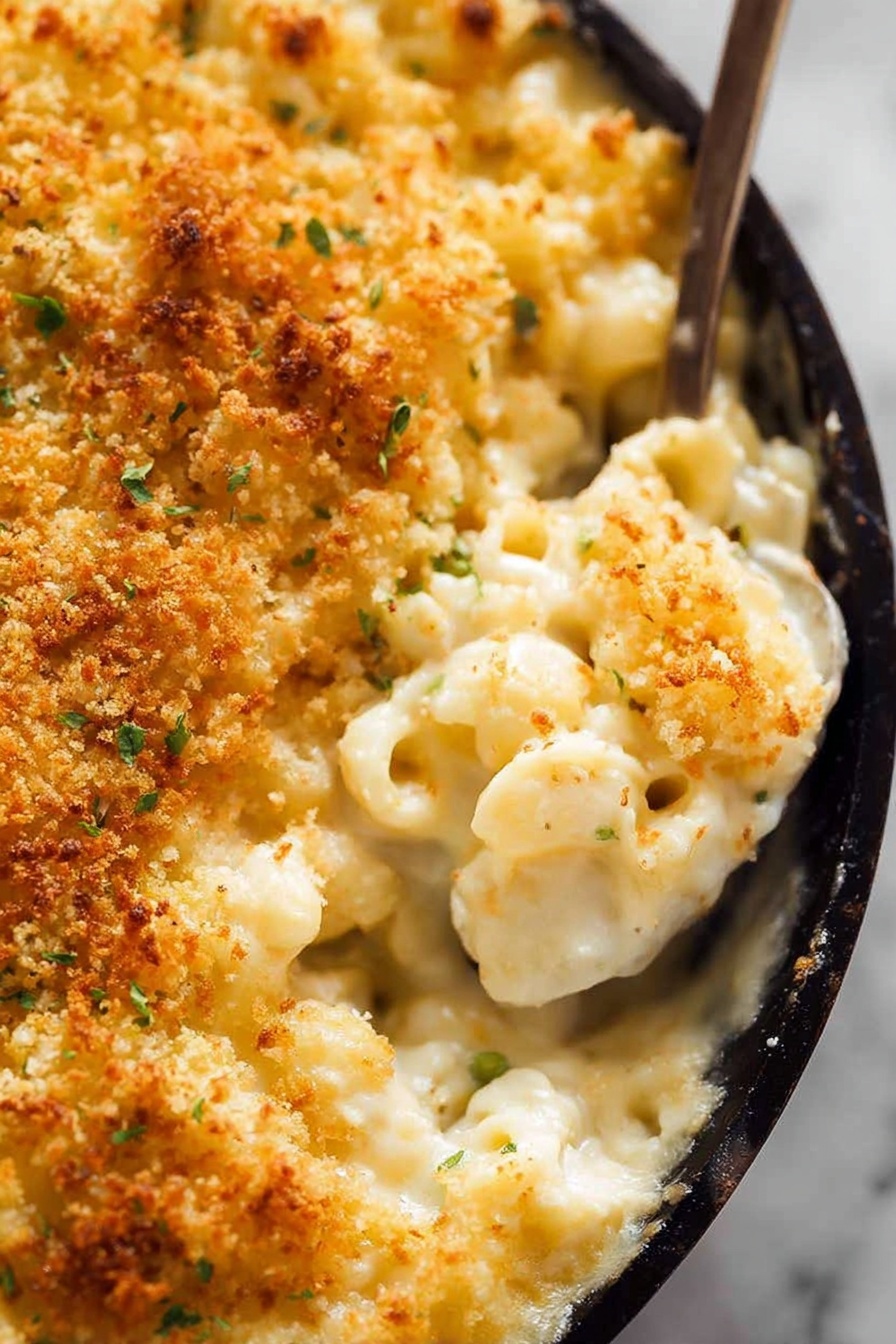 A close-up image of baked macaroni and cheese served in a dark round pan placed on a white marbled surface. The top layer is golden brown crispy breadcrumbs with some small green herb pieces scattered throughout. Below this, a thick creamy white cheese sauce covers macaroni pasta shells, which appear soft and coated in cheese. The spoon is scooping some macaroni from the dish, revealing the smooth melted cheese underneath the crunchy top. The texture contrasts between the crunchy breadcrumb topping and the creamy cheesy pasta inside. Photo taken with an iphone --ar 2:3 --v 7 - Creamy Baked Mac and Cheese, baked mac and cheese, cheesy baked pasta, homemade mac and cheese, comfort food recipes