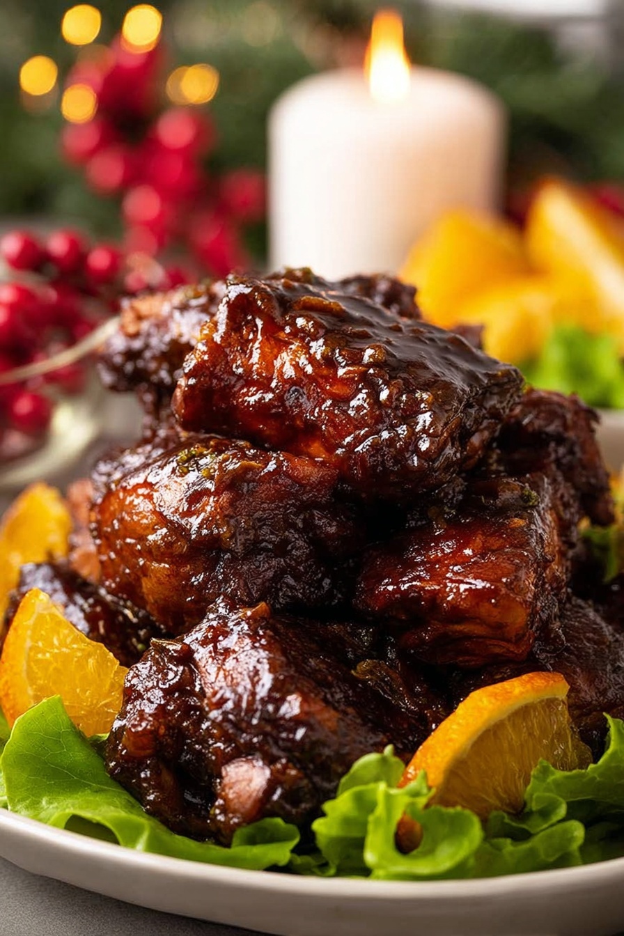 The image shows five pieces of shiny, dark brown glazed chicken on a white baking tray with some sauce pooled around. The chicken pieces are garnished with thin orange peel curls on top and sprinkled around. There are several bright orange slices placed between the chicken pieces, adding color contrast. A cinnamon stick and a star anise are also visible among the chicken. In the top right corner, a baking brush with sauce on its bristles rests partly in the sauce. The background is a white marbled texture. photo taken with an iphone --ar 2:3 --v 7 - Sticky Orange Glazed Christmas Chicken, orange glazed holiday chicken, festive chicken recipes, easy Christmas main dish, flavorful holiday chicken