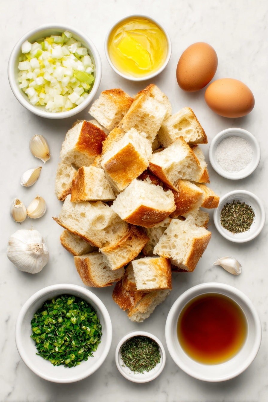 Flat lay of a large pile of mixed sourdough and Italian bread cubes, a small white ceramic bowl filled with golden unsalted butter, a small white ceramic bowl with diced sweet onion, a small white ceramic bowl with diced celery, six whole uncracked garlic cloves, a small white ceramic bowl with coarse kosher salt, a small white ceramic bowl with freshly ground black pepper, a small white ceramic bowl with chopped fresh sage, a small white ceramic bowl with chopped fresh parsley, a small white ceramic bowl with chopped fresh rosemary, a small white ceramic bowl holding amber-colored chicken stock, two whole uncracked large brown eggs, and a small white ceramic bowl with a mixture of fresh herb sprigs for sprinkling, all arranged with perfect symmetry and balanced proportions, placed on a clean white marble surface, soft natural light, photo taken with an iPhone, professional food photography style, fresh ingredients, white ceramic bowls, no bottles, no duplicates, no utensils, no packaging --ar 2:3 --v 7 --p m7354615311229779997 - Buttery Herb Stuffing, Thanksgiving stuffing recipe, homemade herb stuffing, easy holiday stuffing, savory bread stuffing