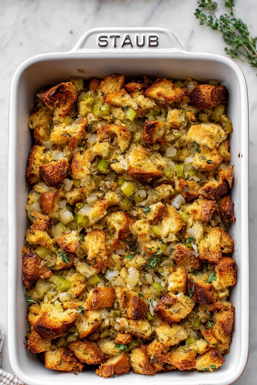 The image shows a white rectangular baking dish filled with a layer of golden-brown stuffing. The stuffing is made of roughly torn bread pieces mixed with small chunks of cooked celery and fine herbs scattered evenly throughout. The bread pieces are toasted with crispy edges, varying from light brown to darker caramel tones, creating a crunchy texture on top. The celery pieces add a pale green color and a slightly translucent look to the dish. The stuffing appears slightly moist but mostly crispy on top, with a rustic and uneven surface full of small crevices. The dish is placed on a white marbled surface with a small part of green herb leaves visible on the side. The baking dish has a thick rim with the brand name