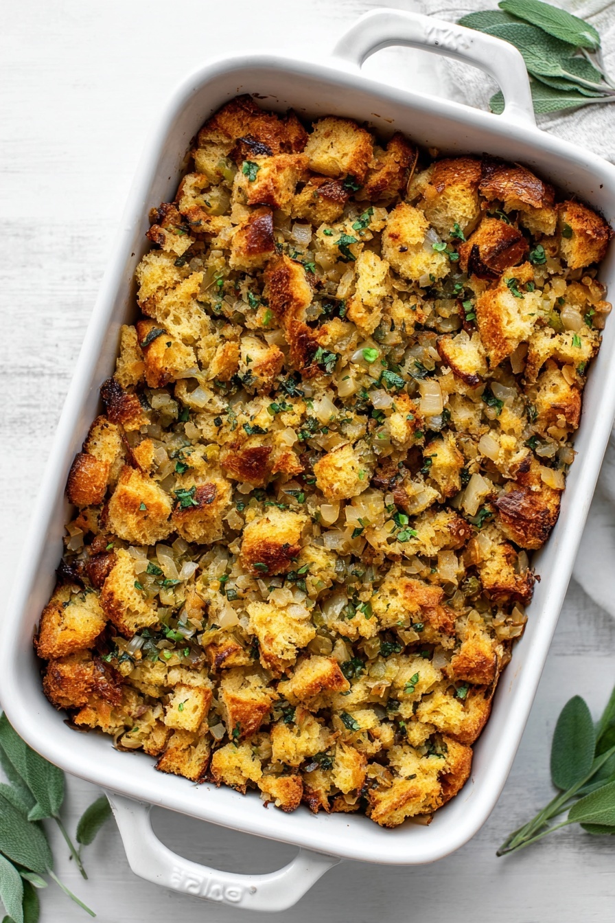 The image shows a white ceramic baking dish filled with a layer of golden brown stuffing. The stuffing has uneven chunks of bread pieces that look slightly crispy on top, scattered with small bits of green herbs and cooked onions mixed in. The dish is placed on a white marbled surface with a few fresh green leaves around it. The stuffing looks warm and textured with some darker crunchy spots on the edges. photo taken with an iphone --ar 2:3 --v 7 - Buttery Herb Stuffing, Thanksgiving stuffing recipe, homemade herb stuffing, easy holiday stuffing, savory bread stuffing