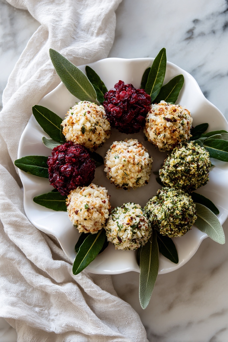 A white plate shaped like a flower holds a wreath of cheese balls in three colors and textures: beige balls coated with small almond chunks, deep red balls coated with dried cranberries, and bright green balls covered with chopped herbs. The balls are evenly spaced in a circle on a layer of dark green leaves, with some leaves sticking out around the edges, adding a fresh touch. The plate sits on a white marbled surface next to a crumpled white cloth. The photo taken with an iphone --ar 2:3 --v 7 - Cheese Ball Wreath appetizer, festive cheese ball wreath, holiday cheese appetizers, easy cheese ball recipe, cheese wreath for parties