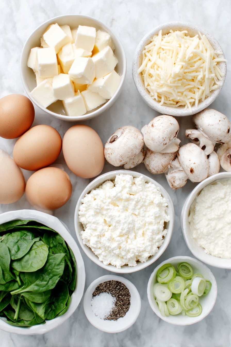 Flat lay of a small white ceramic bowl of unsalted butter cubes, a medium yellow onion halved and chopped, a small white ceramic bowl of sliced white mushrooms, a small pile of fresh bright green baby spinach leaves, two whole uncracked garlic cloves, six whole brown eggs with clean shells, a small white ceramic bowl of creamy white cottage cheese, a small white ceramic bowl of shredded sharp cheddar cheese in rich orange color, three fresh green onions sliced, a small white ceramic bowl of coarse kosher salt crystals, and a small white ceramic bowl of ground black pepper, all arranged with perfect symmetry and realistic proportions, placed on a clean white marble surface, soft natural light, photo taken with an iPhone, professional food photography style, fresh ingredients, white ceramic bowls, no bottles, no duplicates, no utensils, no packaging --ar 2:3 --v 7 --p m7354615311229779997 - Spinach Mushroom Breakfast Casserole, healthy breakfast casserole, vegetarian breakfast recipes, easy brunch casserole, veggie egg bake