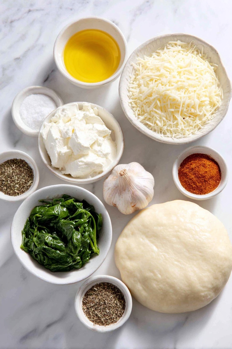 Flat lay of a small white ceramic bowl of thawed chopped spinach, a small white ceramic bowl with softened cream cheese, two whole uncracked brown garlic bulbs, a small white ceramic bowl of coarse salt, a small white ceramic bowl with onion powder, a small white ceramic bowl with chili powder, a small white ceramic bowl with black pepper, a small white ceramic bowl of mixed Italian seasoning herbs, a small white ceramic bowl of grated parmesan cheese, a small white ceramic bowl of grated mozzarella cheese, a round unwrapped pizza dough crust, a small white ceramic bowl holding melted butter, placed on a clean white marble surface, soft natural light, photo taken with an iPhone, professional food photography style, fresh ingredients, white ceramic bowls, no bottles, no duplicates, no utensils, no packaging --ar 2:3 --v 7 --p m7354615311229779997 - Christmas Tree Spinach Dip Breadsticks, festive spinach dip breadsticks, holiday appetizer ideas, cheesy holiday breadsticks, Christmas party snacks