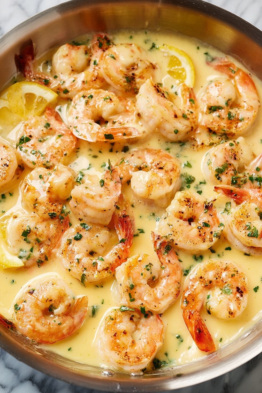 The image shows a close-up of cooked shrimp in a creamy yellow sauce, all together in a metal pan. The shrimp are orange-pink with some light grill marks, and each shrimp is curved into a C shape. The sauce looks smooth and thick, covering the shrimp almost fully, with small green herb pieces sprinkled evenly on top. At the edges, a few thin lemon slices peek through the sauce, adding a hint of bright yellow. The background around the pan is a white marbled texture. photo taken with an iphone --ar 2:3 --v 7 - Garlic Shrimp Scampi, Shrimp Scampi recipe, Easy seafood dinner, Quick shrimp recipes, Delicious garlic shrimp