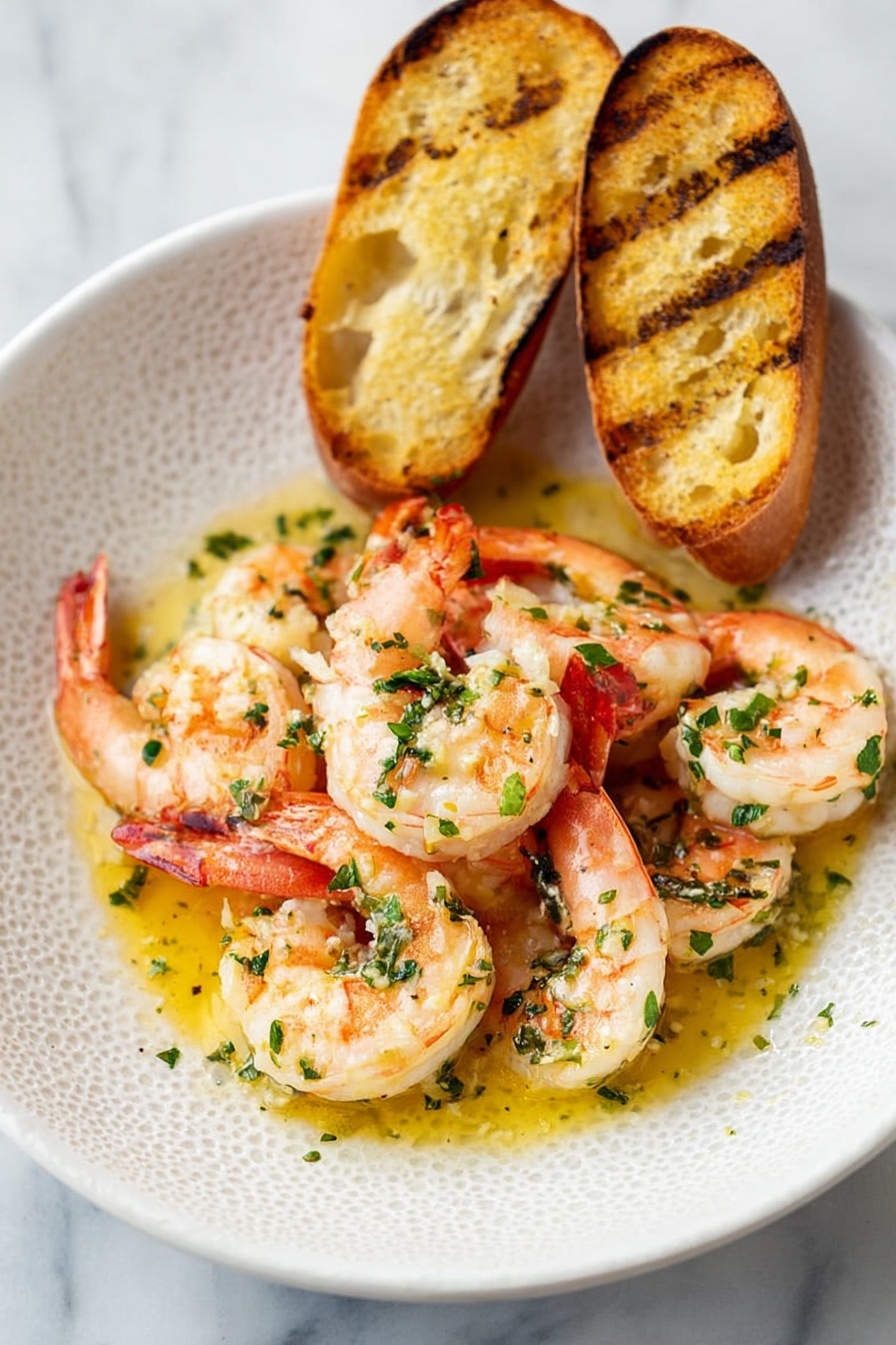 A white textured plate holds a serving of cooked shrimp in a yellow garlic butter sauce. The shrimp are pink and white with some green chopped herbs sprinkled on top, arranged loosely in the center of the plate. At the back of the plate, two pieces of toasted garlic bread with golden brown crisp edges and visible grill marks lean against each other. The plate rests on a white marbled surface. photo taken with an iphone --ar 2:3 --v 7 - Garlic Shrimp Scampi, Shrimp Scampi recipe, Easy seafood dinner, Quick shrimp recipes, Delicious garlic shrimp