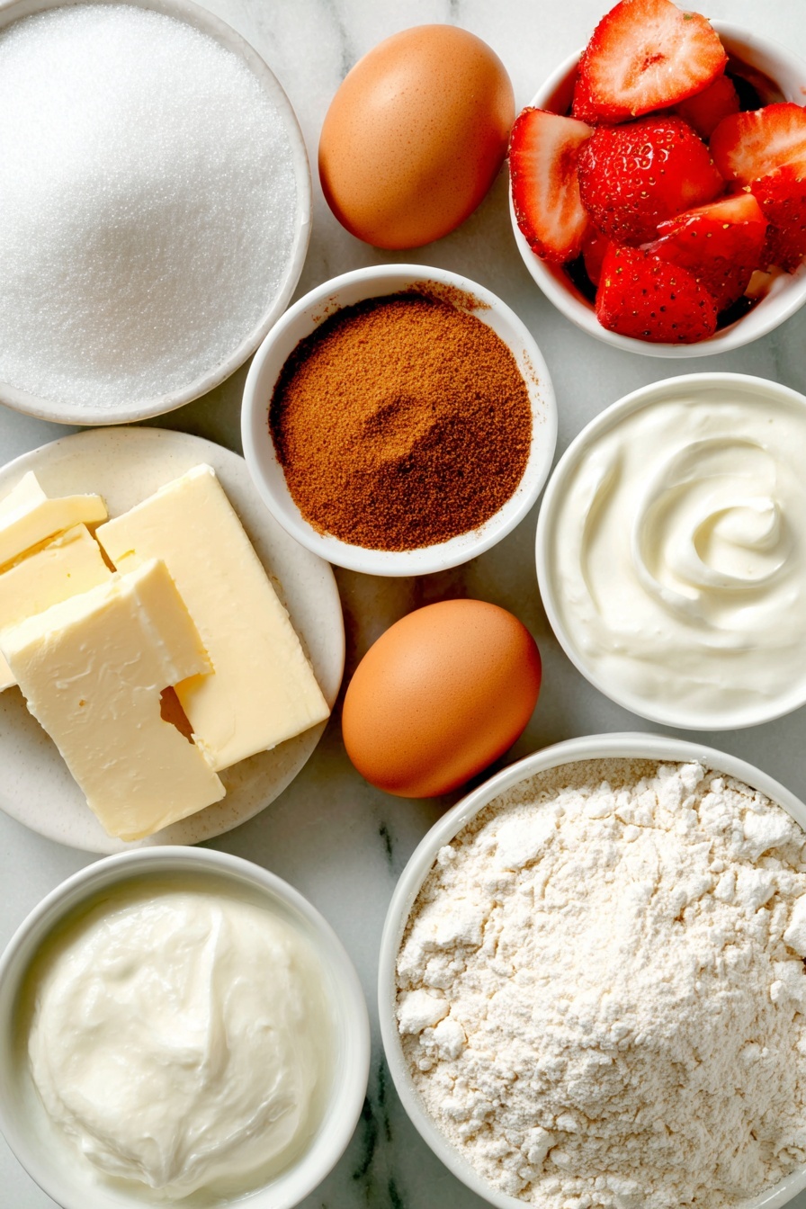 Flat lay of two whole brown eggs with clean shells, a small mound of granulated sugar, a small heap of ground cinnamon, two packets of instant yeast next to each other without packaging, a small white ceramic bowl of whole milk, a few chunks of softened butter, a heap of all-purpose flour, a small white ceramic bowl of heavy cream, and several fresh sliced strawberries arranged neatly, all placed on a clean white marble surface, soft natural light, photo taken with an iPhone, professional food photography style, fresh ingredients, white ceramic bowls, no bottles, no duplicates, no utensils, no packaging --ar 2:3 --v 7 --p m7354615311229779997 - Strawberry Kuchen with Creamy Custard, German strawberry dessert, fruit custard tart, berry cake recipe, baked strawberry dessert