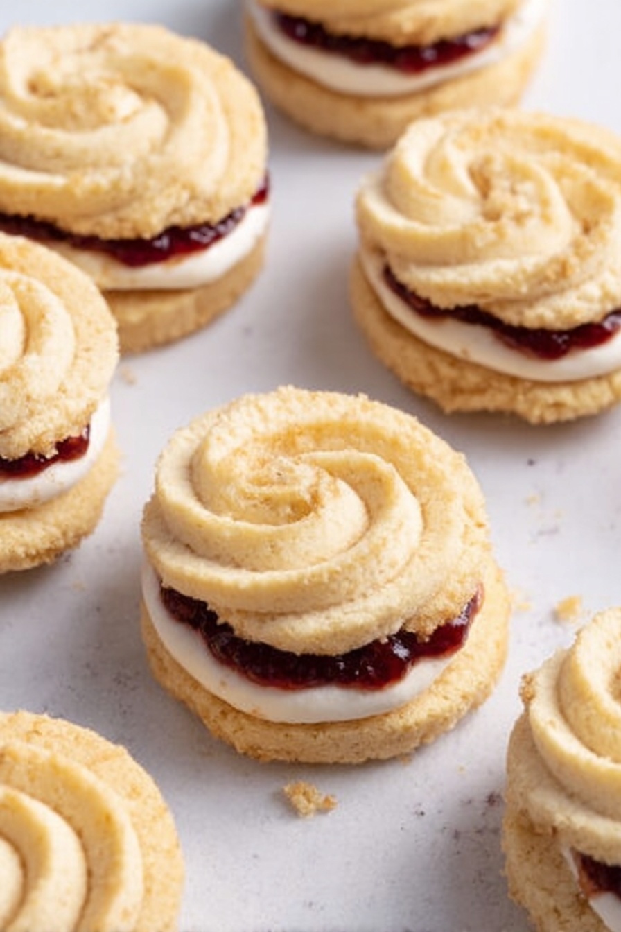 The image shows several small sandwich cookies placed closely on a white marbled surface. Each cookie has two light golden, swirled layers that look soft and crumbly. Between the layers, there is a thin spread of dark red jam and a layer of white cream. The top cookie's swirl has a smooth texture with slight crumbs on the edges. The overall look is neat and inviting. photo taken with an iphone --ar 2:3 --v 7 - Delicious Viennese Whirls Cookies, Viennese Whirls recipe, buttery cookies, British cookies, jam and vanilla buttercream cookies