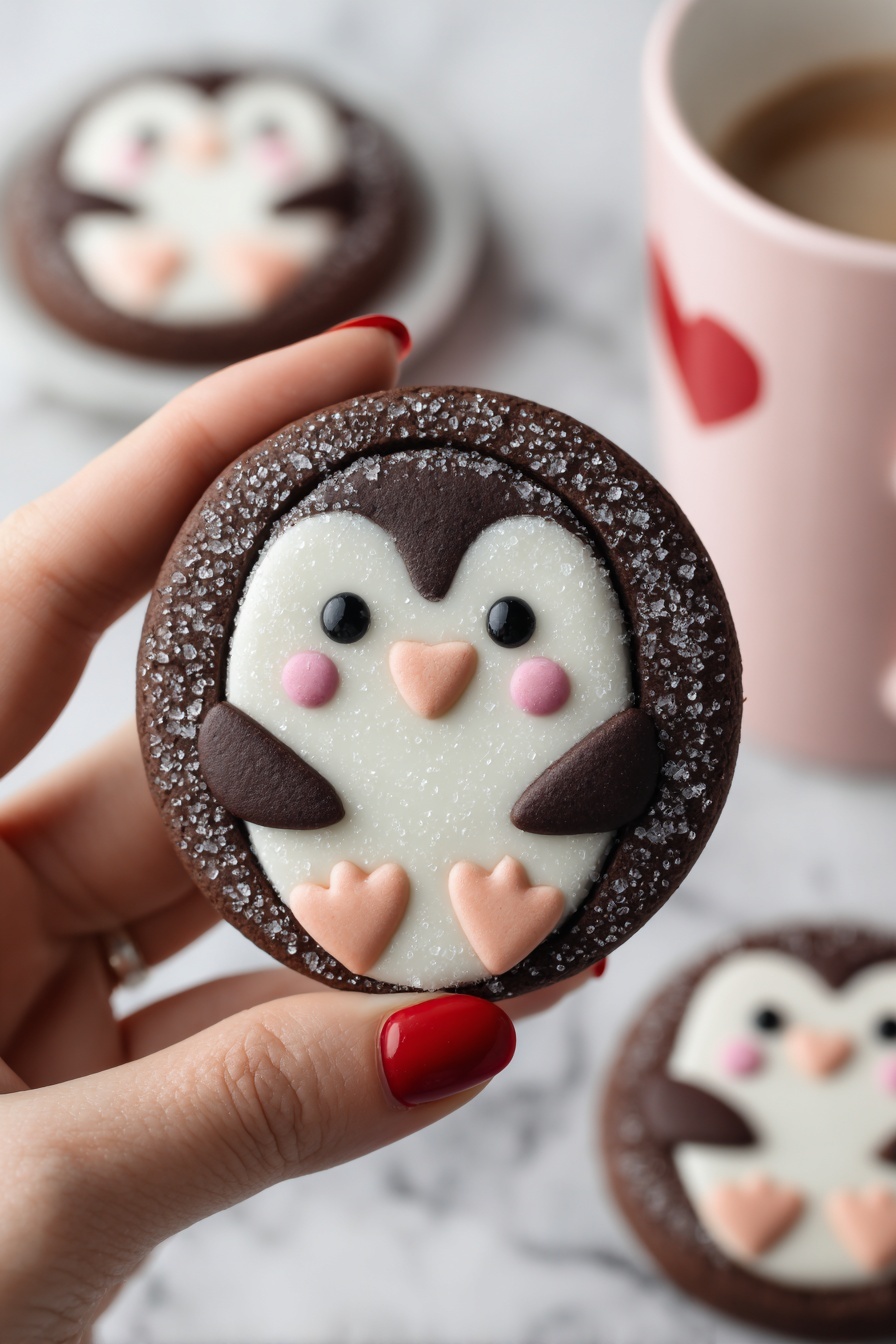 Five round dark brown cookies are arranged on white parchment paper over a white marbled surface. Each cookie is decorated with a cute penguin made from a layer of white sugar for the body, with dark chocolate wings, small peach beaks and feet, black eyes, and pink cheeks. Three of the penguins have three tiny pink heart sprinkles on their heads. Around the cookies, there are scattered small heart-shaped confetti in red, pink, and white. To the left, there are two clear bowls filled with pastel heart-shaped candies and small pink and white heart sprinkles. A woman's hand with red nail polish is holding the bottom left cookie. In the lower right corner, a pink spatula with a red heart on the handle lies on the surface. The overall look is bright, sweet, and festive. photo taken with an iphone --ar 2:3 --v 7 - Penguin Cookie with Buttercream Frosting, penguin cookie recipe, chocolate cookies, holiday cookie ideas, cute winter desserts
