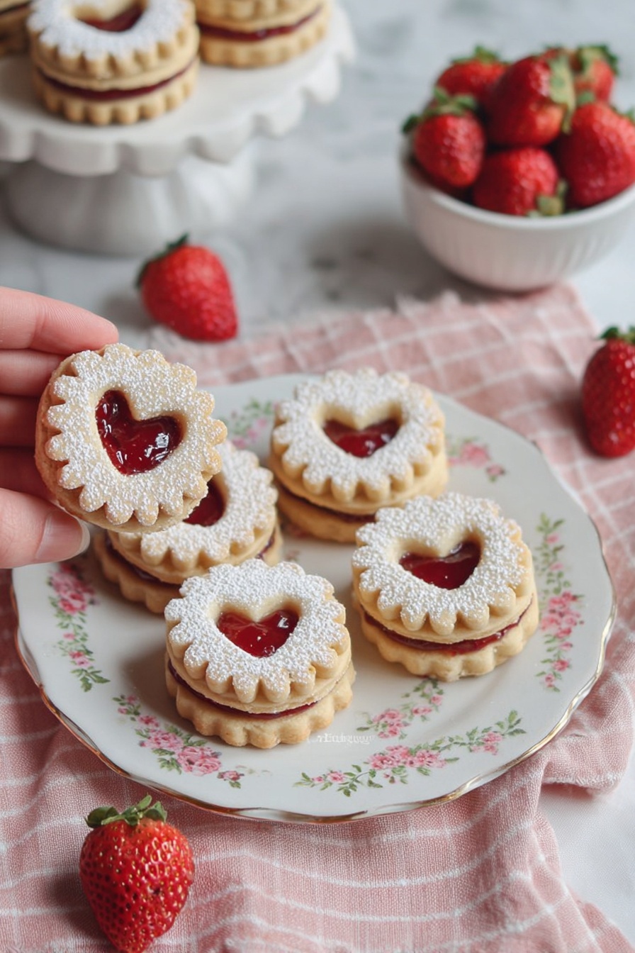 The image shows a white plate with a gold rim, filled with round sandwich cookies stacked in layers. Each cookie has a scalloped edge and is dusted with white powdered sugar on top. The top cookie of each pair has a small heart-shaped cutout in the center, revealing a bright red strawberry jam layer inside. The cookies are light golden brown with a smooth texture, and the jams create a glossy contrast visible through the heart shapes. The plate rests on a soft pink and white striped cloth, all placed on a white marbled surface. Photo taken with an iphone --ar 2:3 --v 7 - Easy Raspberry Jam Linzer Cookies, raspberry jam cookies, Linzer cookies recipe, soft jam sandwich cookies, holiday cookie ideas