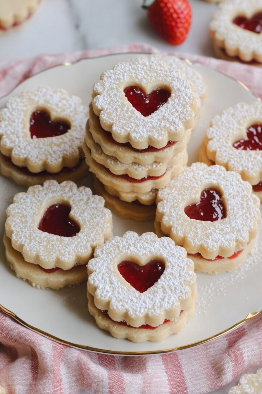 The image shows round sandwich cookies with scalloped edges and a heart-shaped cutout in the top layer, revealing red jam inside. Each cookie has two layers: the bottom layer is a light golden cookie base, and the top layer is a matching cookie with powdered sugar sprinkled on top. The cookies are arranged on a white plate with delicate floral patterns, placed on a soft pink and white checkered cloth over a white marbled surface. A small white bowl filled with bright red strawberries is visible in the background, along with a few loose strawberries scattered around. A woman's hand is gently holding one cookie on a white cake stand to the left. Photo taken with an iphone --ar 2:3 --v 7 - Easy Raspberry Jam Linzer Cookies, raspberry jam cookies, Linzer cookies recipe, soft jam sandwich cookies, holiday cookie ideas