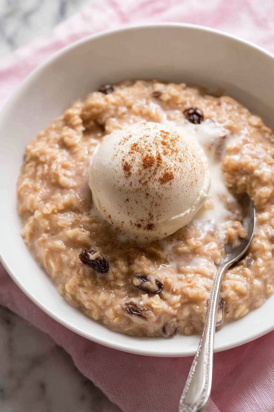 The image shows three white ceramic bowls filled with a creamy dessert that has a beige color with visible raisins mixed in. Each bowl has a smooth, round scoop of white ice cream on top, sprinkled lightly with brown cinnamon powder. The dessert looks thick and slightly textured, with a soft, milky sauce layering part of the surface around the ice cream. The bowls are placed on a soft gray cloth, set on a white marbled surface. One bowl is in the front and in clear focus, while the other two are placed slightly behind and blurred. A white spoon is placed on the cloth next to the front bowl. photo taken with an iphone --ar 2:3 --v 7 - Creamy Cinnamon Rice Pudding, cinnamon rice pudding, easy rice pudding, comforting dessert, cozy cinnamon rice pudding