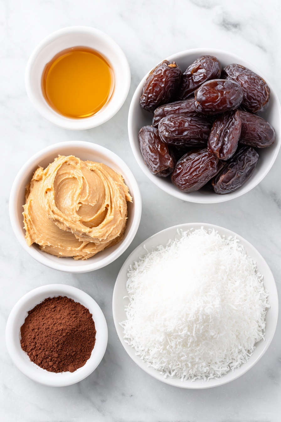 Flat lay of a small mound of creamy peanut butter in a simple white ceramic bowl, a small white bowl of glossy pitted Medjool dates, a small white bowl filled with dark brown cacao powder, a small white bowl of amber maple syrup, and a small white plate heaped with fluffy desiccated coconut, all arranged in perfect symmetry and balanced proportions, placed on a clean white marble surface, soft natural light, photo taken with an iPhone, professional food photography style, fresh ingredients, white ceramic bowls, no bottles, no duplicates, no utensils, no packaging --ar 2:3 --v 7 --p m7354615311229779997 - Healthy Date Energy Balls, healthy energy bites, no-bake energy snacks, natural protein snacks, quick healthy treat