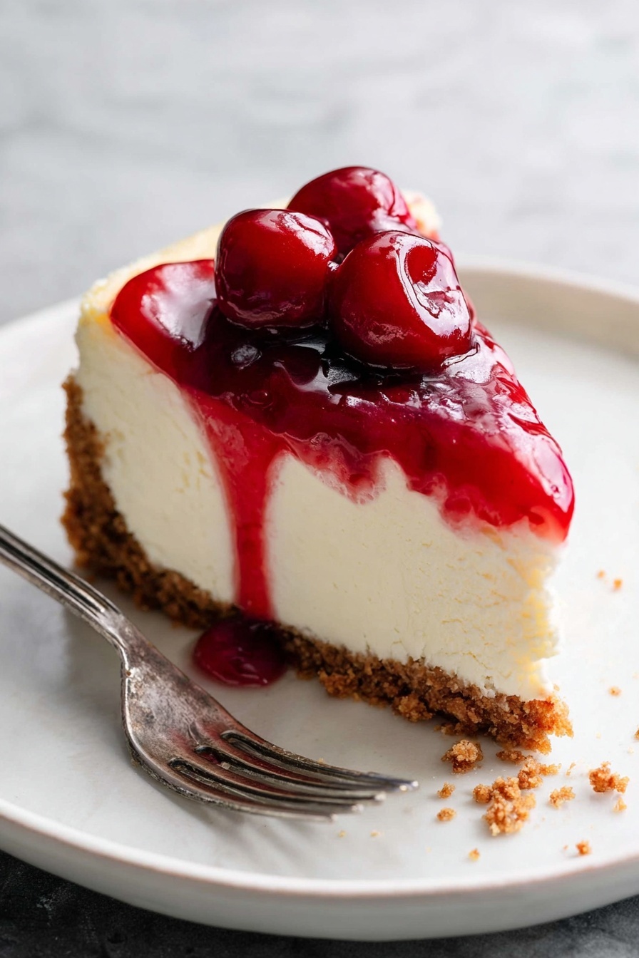 A slice of cheesecake with three visible layers is shown on a white marbled surface. The bottom layer is a crumbly brown crust that holds the creamy white middle layer, which is thick and smooth in texture. The top layer is a shiny red cherry topping that includes two whole cherries, dripping slightly down the sides. The slice is placed on a clean white plate, and next to it is a silver fork with some cheesecake residue. Photo taken with an iphone --ar 2:3 --v 7 - Cherry Biscoff Cheesecake, Biscoff cheesecake with cherry topping, easy cherry cheesecake recipe, no-bake cherry cheesecake, homemade cherry cheesecake dessert