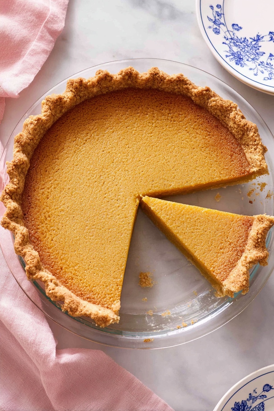 A pie with one slice removed sits on a clear glass pie plate on a white marbled surface. The pie has one main layer of golden brown filling with a smooth texture and a slightly darker, crumbly top layer. The crust is thick, golden, and crimped around the edge. A soft pink cloth is partly under the plate to the left, and to the top right, part of a white plate with blue designs is visible. Photo taken with an iphone --ar 2:3 --v 7 - Classic Chess Pie, Southern Chess Pie, Easy Chess Pie, Traditional Chess Pie, Homemade Chess Pie