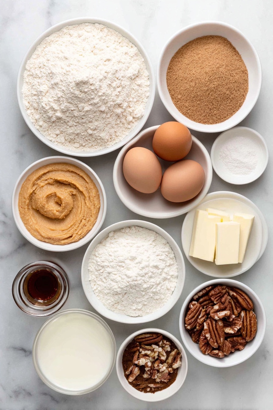 Flat lay of sifted all purpose flour in a small white bowl, a small white bowl with baking soda, a small white bowl with kosher salt, a small white bowl with ground cinnamon, a small white bowl with ground nutmeg, two sticks of unsalted butter, a small mound of packed light brown sugar, a small white bowl with smooth sweet potato purée, six whole uncracked brown eggs, a small white bowl with vanilla extract, a small white bowl with almond extract, a small white bowl with whole buttermilk, a small handful of chopped pecans, a small white bowl with powdered sugar, one stick of salted butter, a small white bowl with whole milk, a small white bowl with vanilla bean paste, all arranged symmetrically with perfect balance, placed on a clean white marble surface, soft natural light, photo taken with an iPhone, professional food photography style, fresh ingredients, white ceramic bowls, no bottles, no duplicates, no utensils, no packaging --ar 2:3 --v 7 --p m7354615311229779997 - Sweet Potato Pound Cake, Sweet Potato Pound Cake with Brown Butter Glaze, Moist Sweet Potato Cake, Fall Dessert Recipes, Easy Pound Cake Recipes