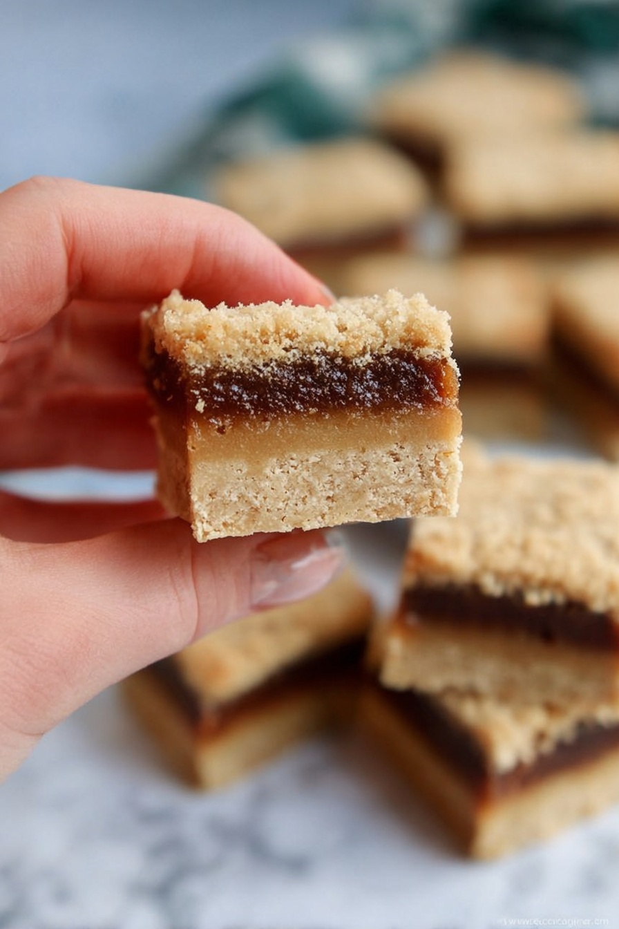 A close-up image shows a woman's hand holding a square snack bar with three visible layers. The bottom layer is light beige, smooth, and dense. The middle layer is dark brown and looks soft and sticky. The top layer is crumbly and light beige with small pieces showing texture. In the blurry background, more of these bars are stacked on a white marbled surface. The photo taken with an iphone --ar 2:3 --v 7 - Mince Pie Crumble Bars, festive holiday treats, easy Christmas dessert, homemade mince pie bars, buttery crumble dessert