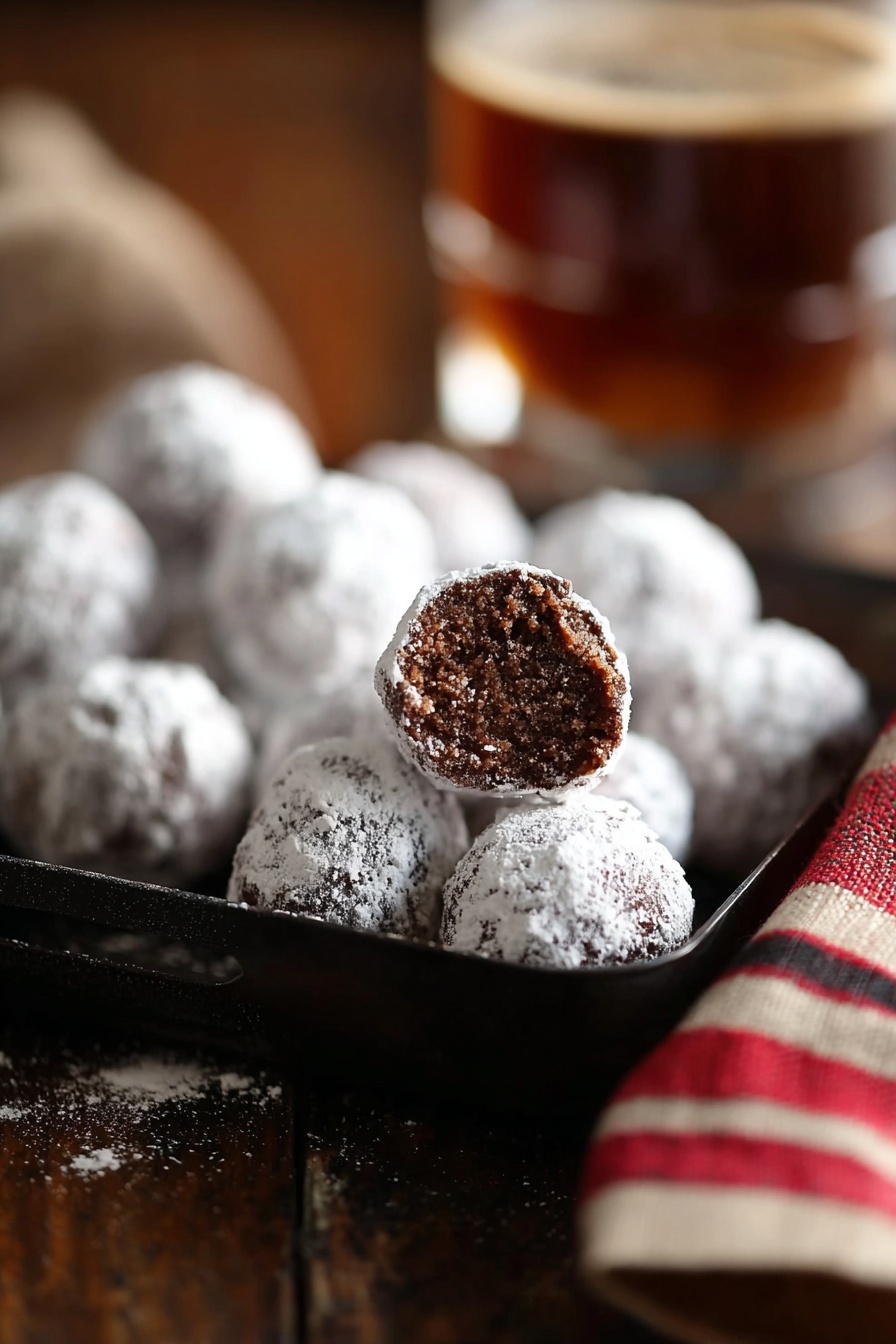 A close-up view of a black glass tray filled with small round chocolate bites covered in white powdered sugar, one bite is placed on top showing a crumbly brown inside. The tray sits on a dark wooden surface and is accompanied by a blurred striped red and white cloth and a brown drink in the background, all against a soft, brown blurred backdrop. photo taken with an iphone --ar 2:3 --v 7 - Bourbon Balls, Bourbon Balls Recipe, Easy Bourbon Balls, Holiday Bourbon Treats, No-Bake Bourbon Sweets