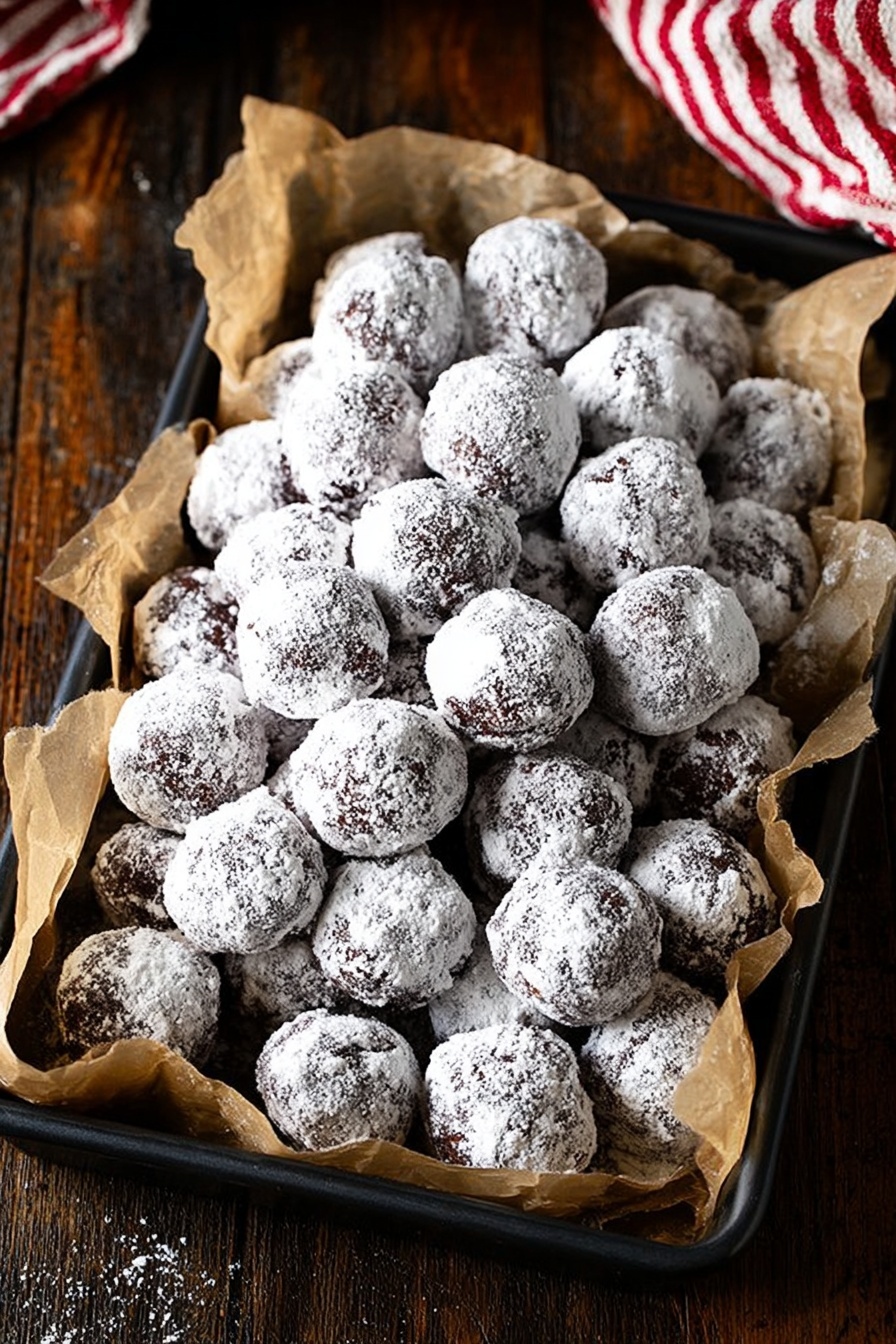 A black rectangular tray lined with crinkled brown parchment paper holds a large pile of round chocolate balls covered in white powdered sugar. Each ball has a slightly rough texture with some areas showing the dark chocolate underneath. The tray sits on a dark wooden surface with a red and white striped cloth partially visible in the upper right corner. The image is bright and clear, showing the contrast between the white powdered sugar and the chocolate balls. photo taken with an iphone --ar 2:3 --v 7 - Bourbon Balls, Bourbon Balls Recipe, Easy Bourbon Balls, Holiday Bourbon Treats, No-Bake Bourbon Sweets