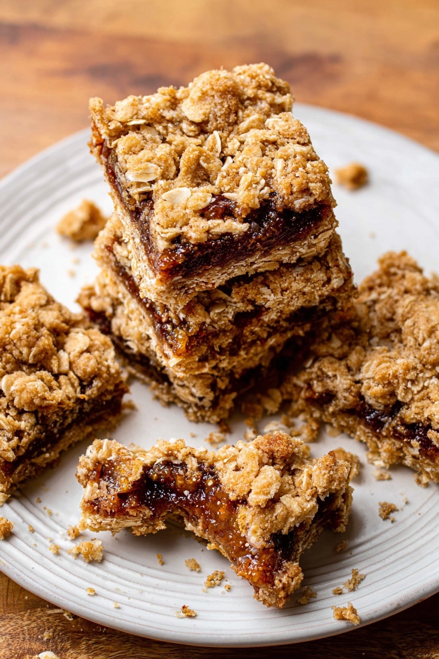 The image shows four oat bars stacked slightly on each other on a white plate with a textured edge. Each oat bar has two visible layers: the top and bottom layers are golden brown with a crumbly texture mixed with oat flakes, and the middle layer is a dark brown fig filling with visible seeds and a sticky look. One oat bar on the plate is broken in half, revealing the thick filling inside. There are crumbs scattered on the plate and around it on a wooden surface. Photo taken with an iphone --ar 2:3 --v 7 - Homemade Oatmeal Fig Bars, oatmeal fig bars, homemade fig bar recipe, healthy fig snack, homemade bars with figs