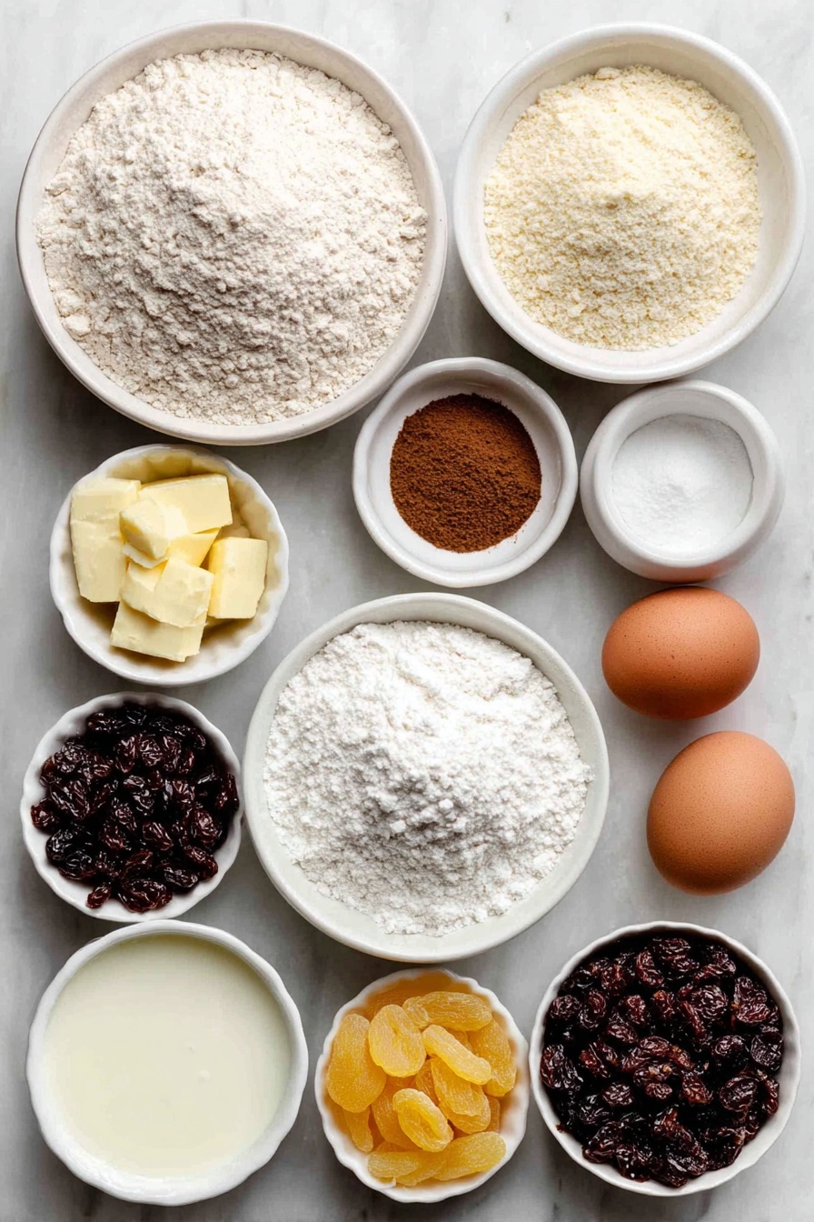 Flat lay of a small mound of pale beige all-purpose flour, a small white bowl with tiny beige granules of dry active yeast, a small white bowl with warm clear water, a small white bowl of fine white sugar, a small white bowl of bright cinnamon powder, a tiny heap of light brown nutmeg powder, a small white bowl filled with melted golden butter, a small white bowl of whole milk with creamy white liquid, three brown eggs with smooth uncracked shells, a small white bowl of plump dark dried currants, a small white bowl of golden raisins, a small white bowl with pale sliced blanched almonds, a small white bowl of chopped vibrant orange candied orange peel, a small white bowl of deep orange chopped dried apricots, a whole bright yellow lemon with its textured rind, a small white bowl with white icing sugar powder, and a separate small white bowl with creamy milk for the glaze, all arranged symmetrically and naturally on a clean white marble surface, soft natural light, photo taken with an iPhone, professional food photography style, fresh ingredients, white ceramic bowls, no bottles, no duplicates, no utensils, no packaging --ar 2:3 --v 7 --p m7354615311229779997 - German Stollen Bread, traditional holiday bread, festive German cake, Christmas stollen recipe, homemade Stollen bread